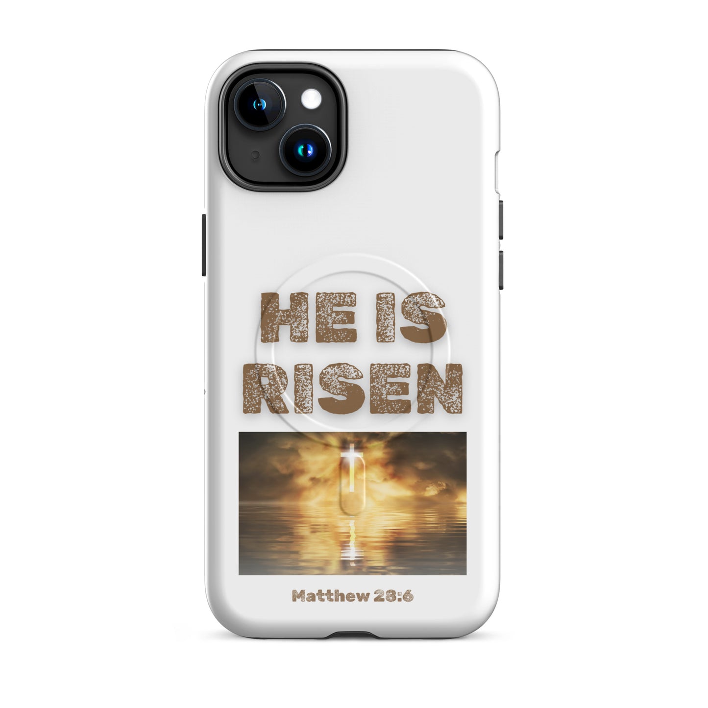 Tees of Worship phone case with He is risen text and sunrise cross design Matthew 28:6