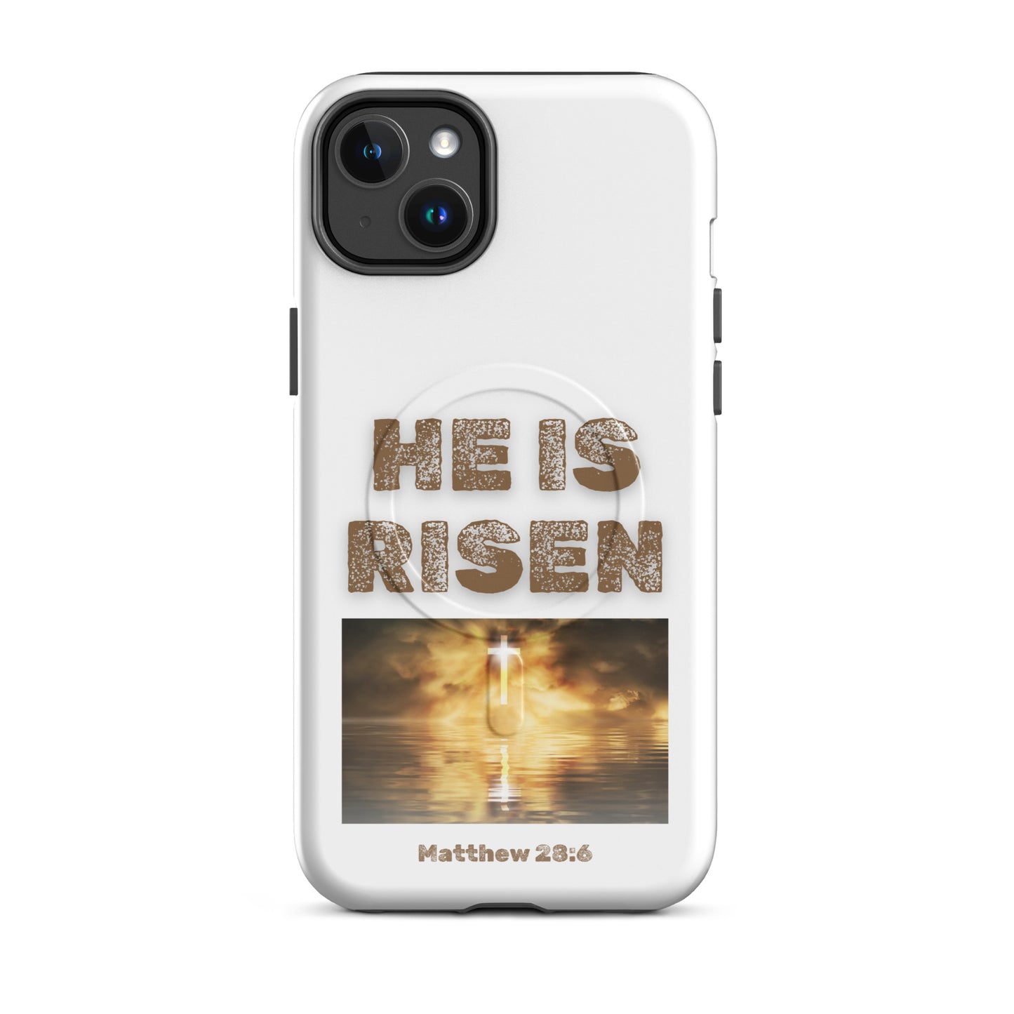 White Tees of Worship phone case with He is risen text and glowing cross image Matthew 28:6
