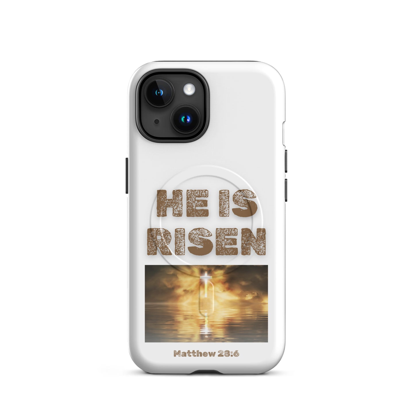 White phone case with He is risen text and a glowing cross over water Matthew 28 6 design