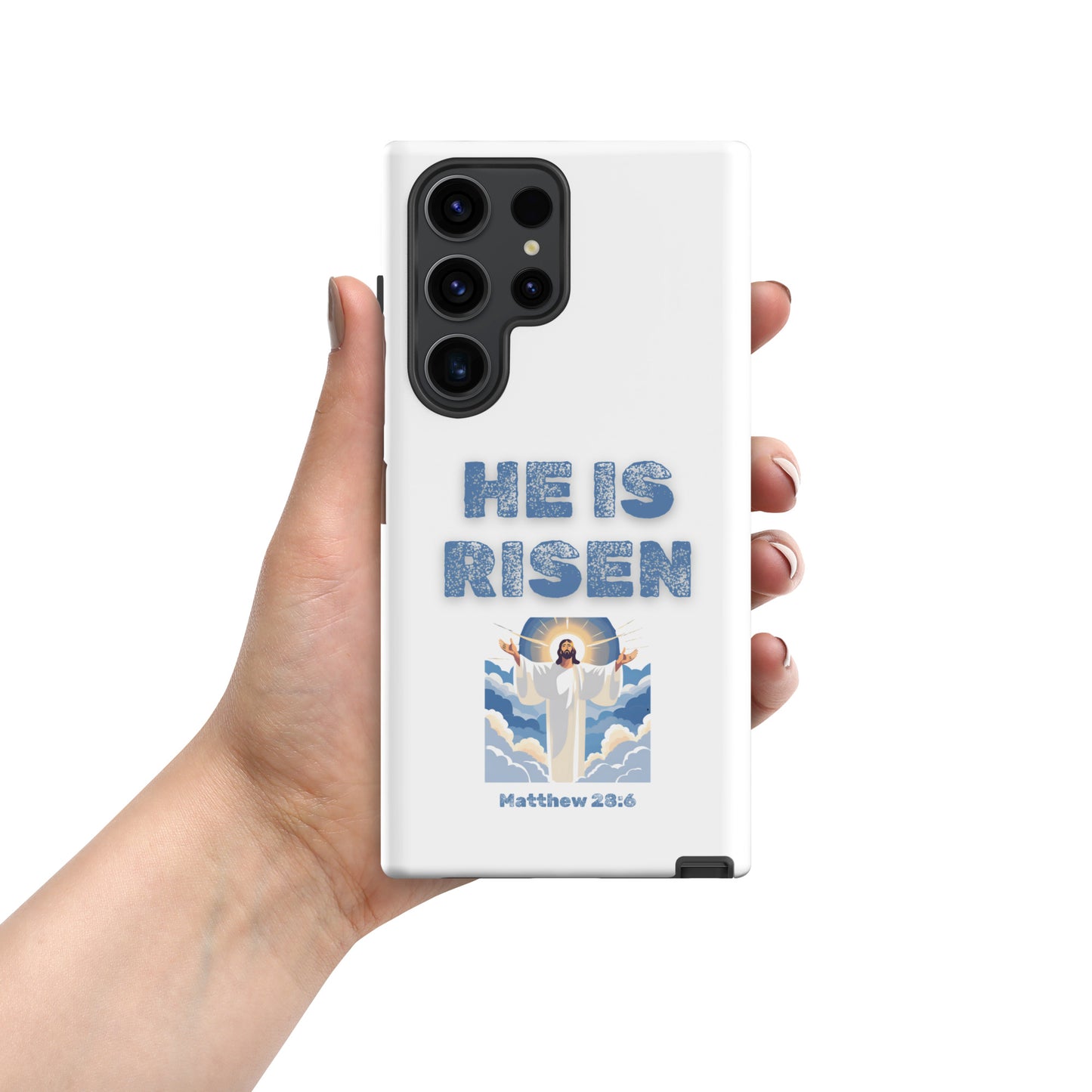 Tees of Worship phone case with He Is Risen text and Jesus illustration from Matthew 28 6