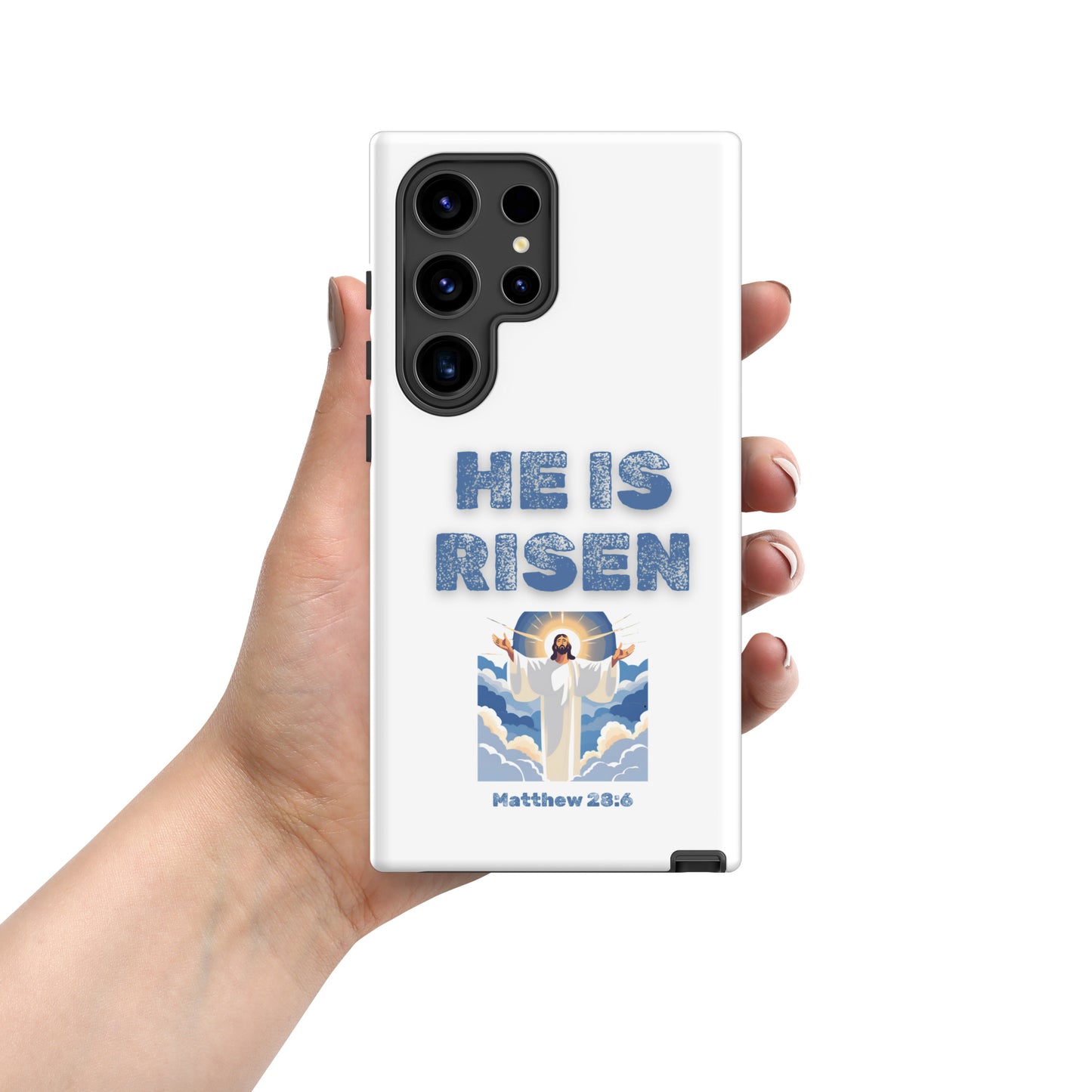 Tees of Worship phone case with He Is Risen text and Jesus illustration from Matthew 28:6