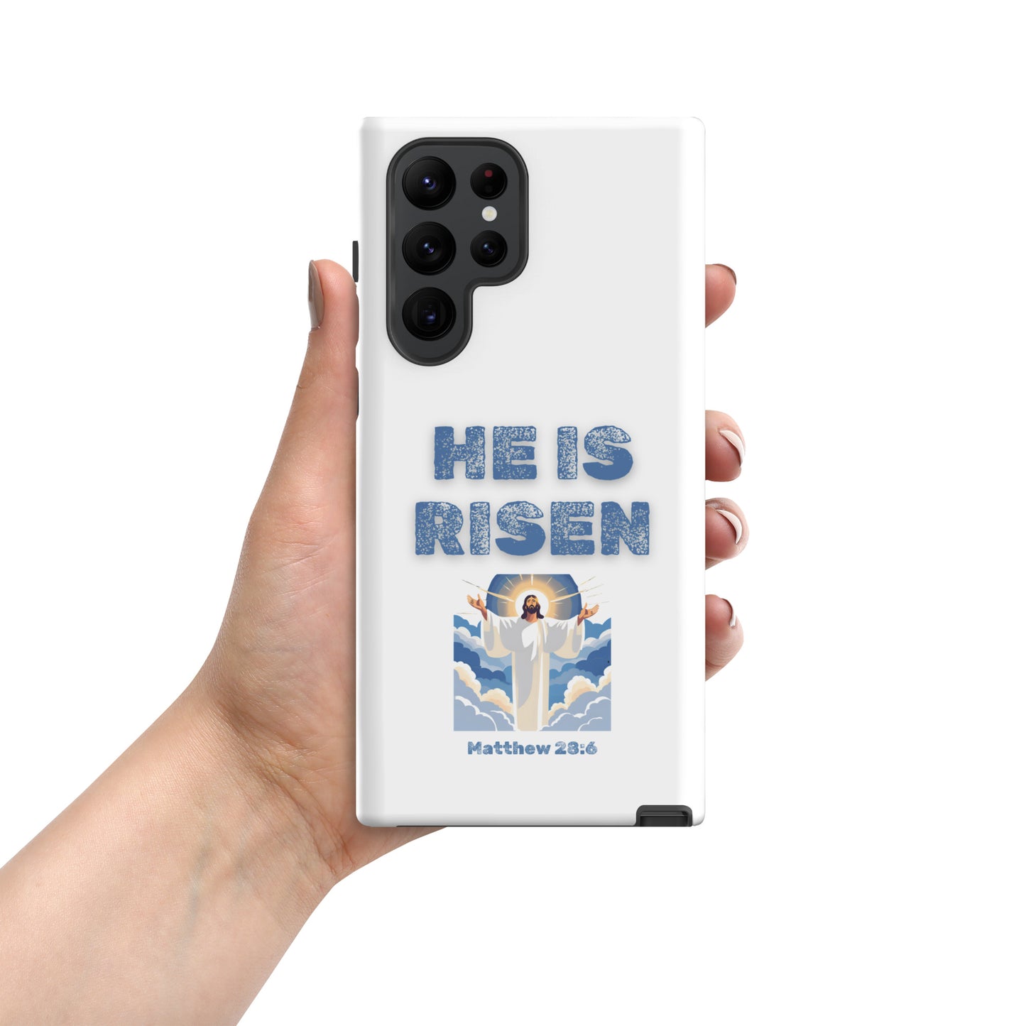 White phone case by Tees of Worship with He Is Risen text and Jesus illustration from Matthew 28 6