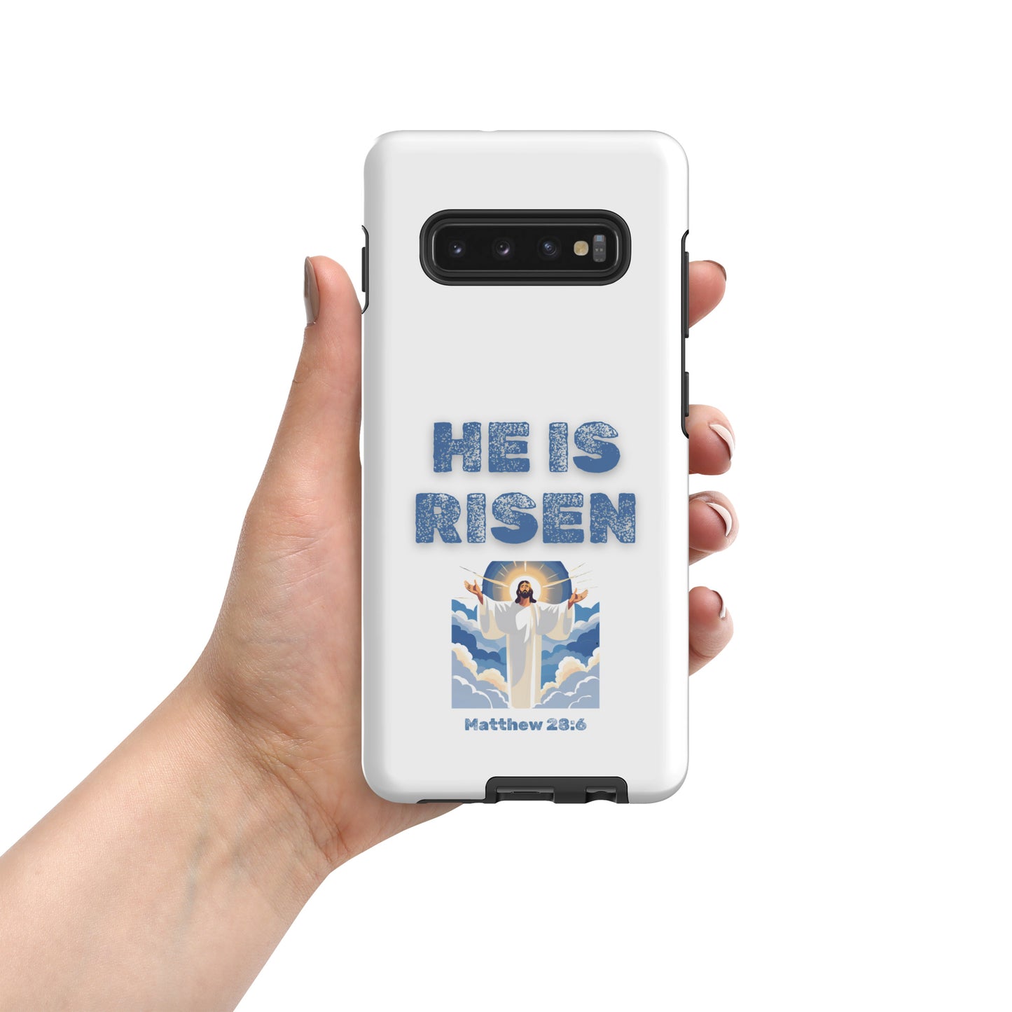 Tees of Worship phone case with He Is Risen design featuring Jesus and Matthew 28:6 scripture