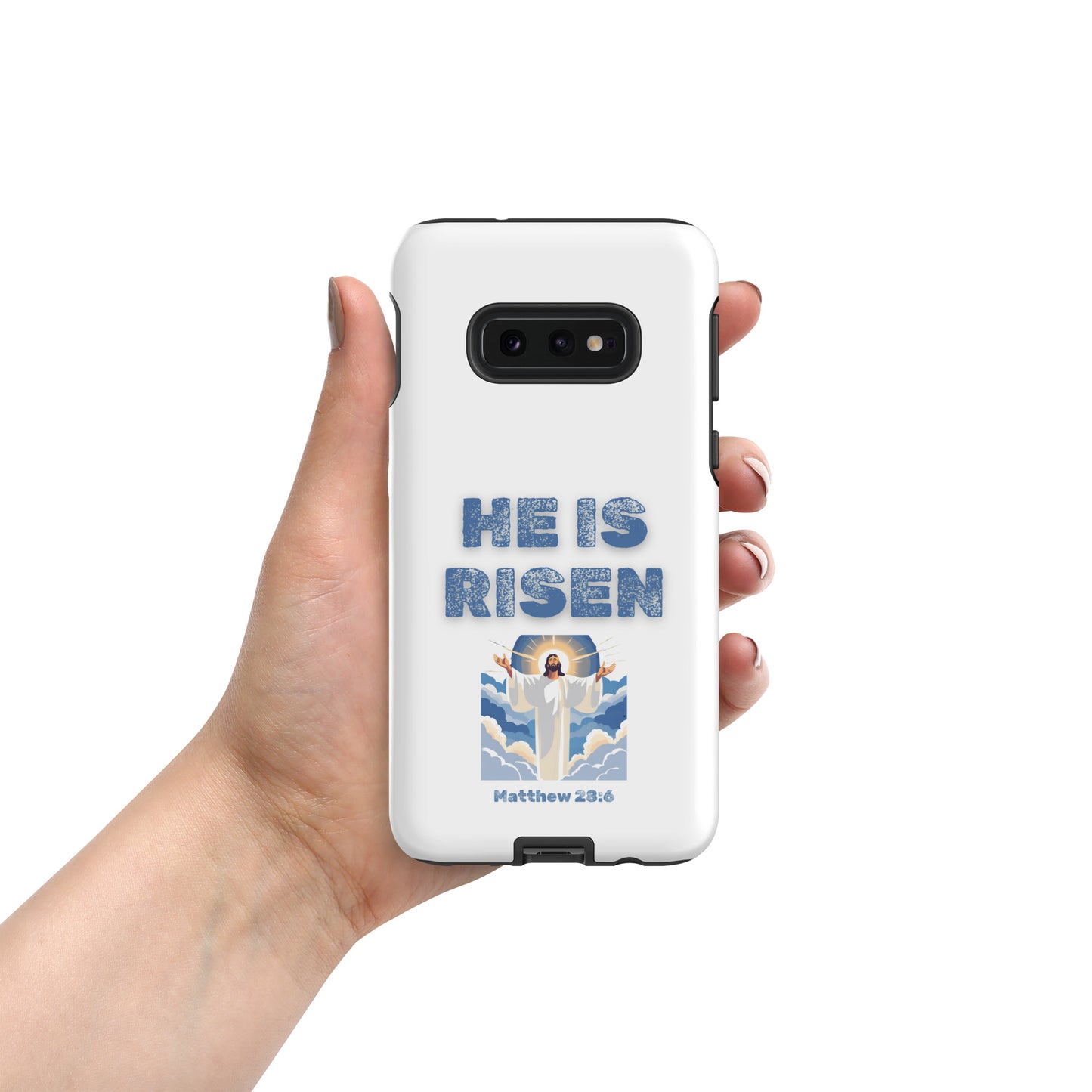 Tees of Worship phone case with He Is Risen text and Matthew 28:6 illustration on white background