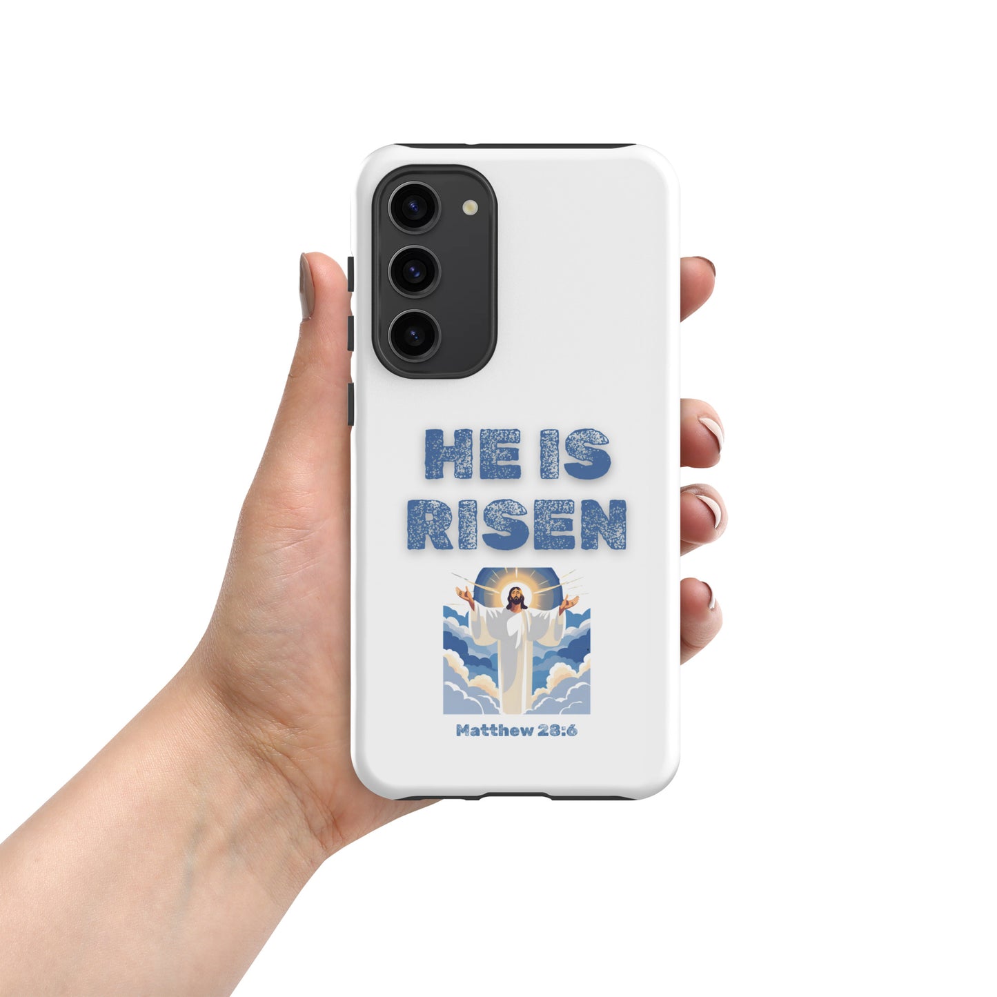 White phone case with He Is Risen text and Jesus illustration from Matthew 28 6 by Tees of Worship