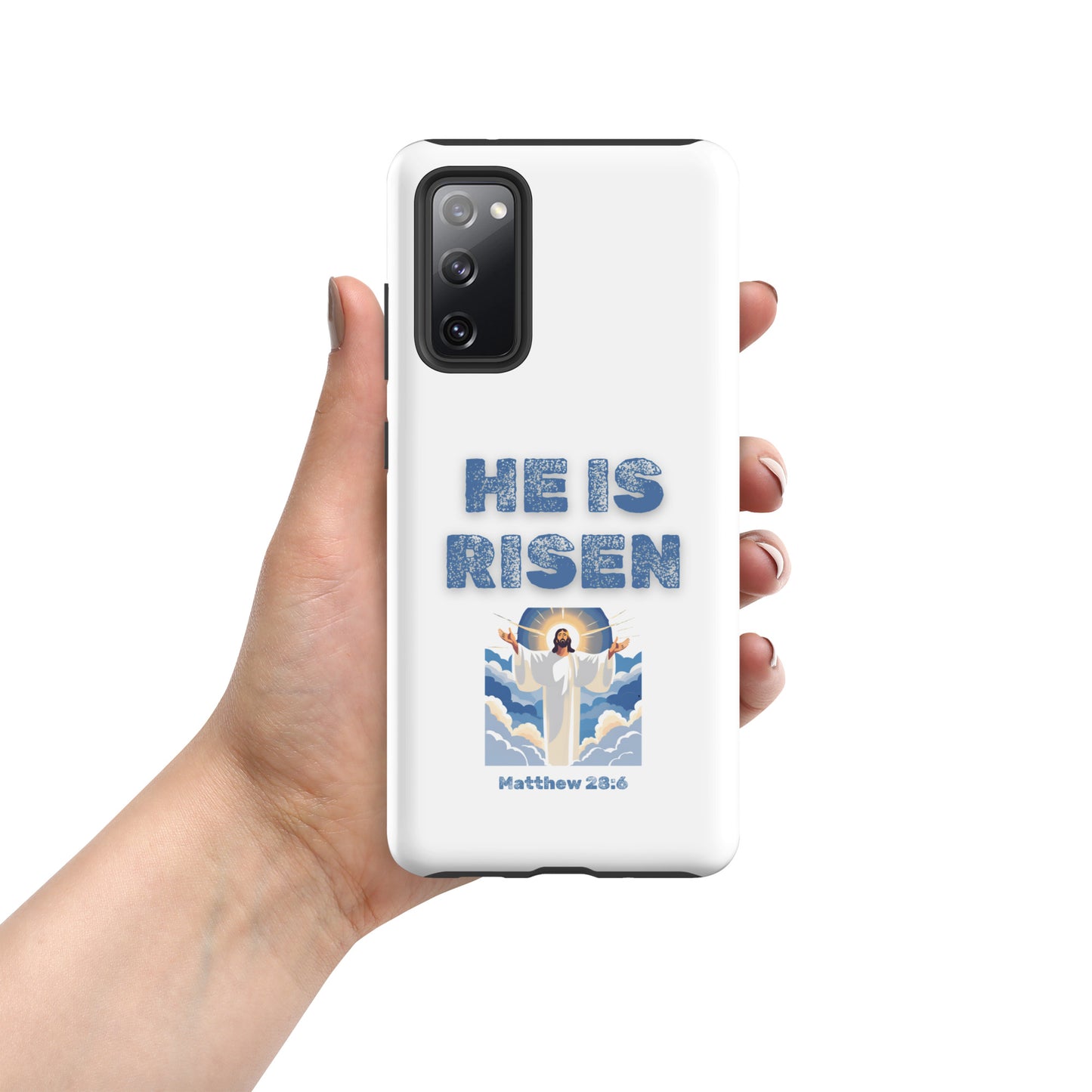 He Is Risen phone case by Tees of Worship featuring Jesus rising illustration and Matthew 28 6 verse