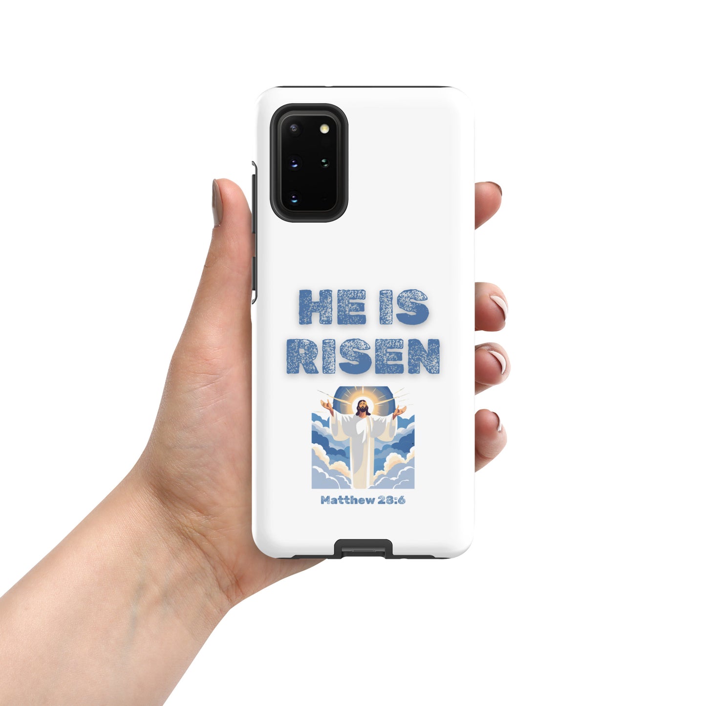 Tees of Worship phone case with He Is Risen text and illustration of Jesus rising with Matthew 28 6 scripture