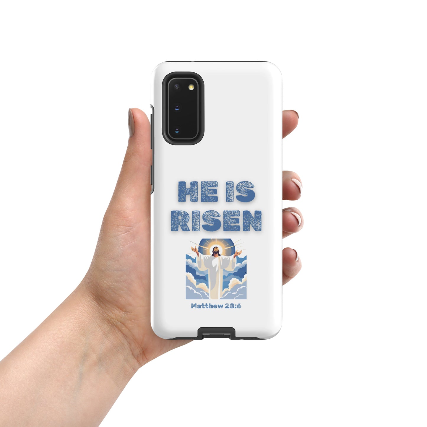 Tees of Worship phone case with He Is Risen text and biblical illustration from Matthew 28 6