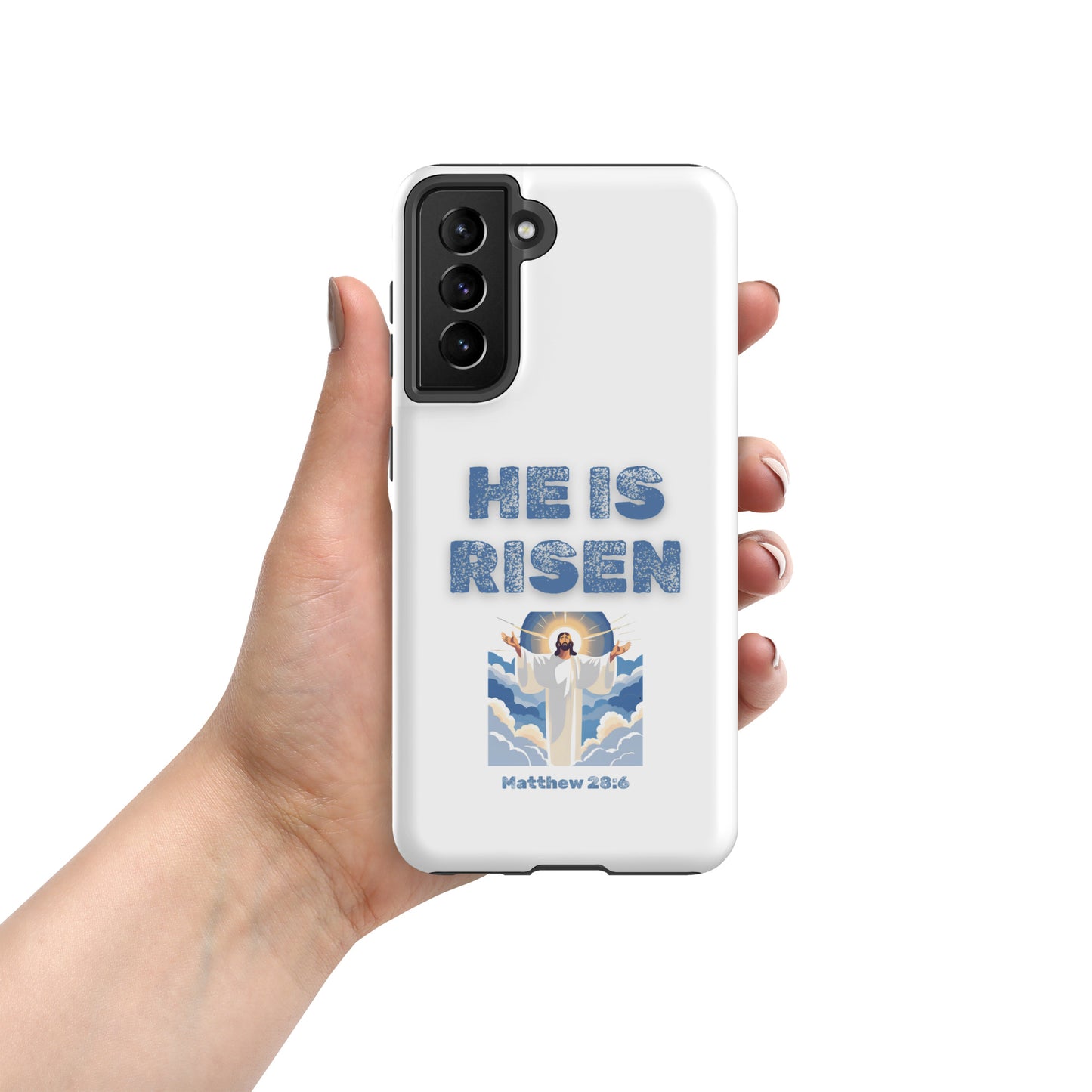 White phone case from Tees of Worship with He Is Risen text and Jesus illustration Matthew 28:6