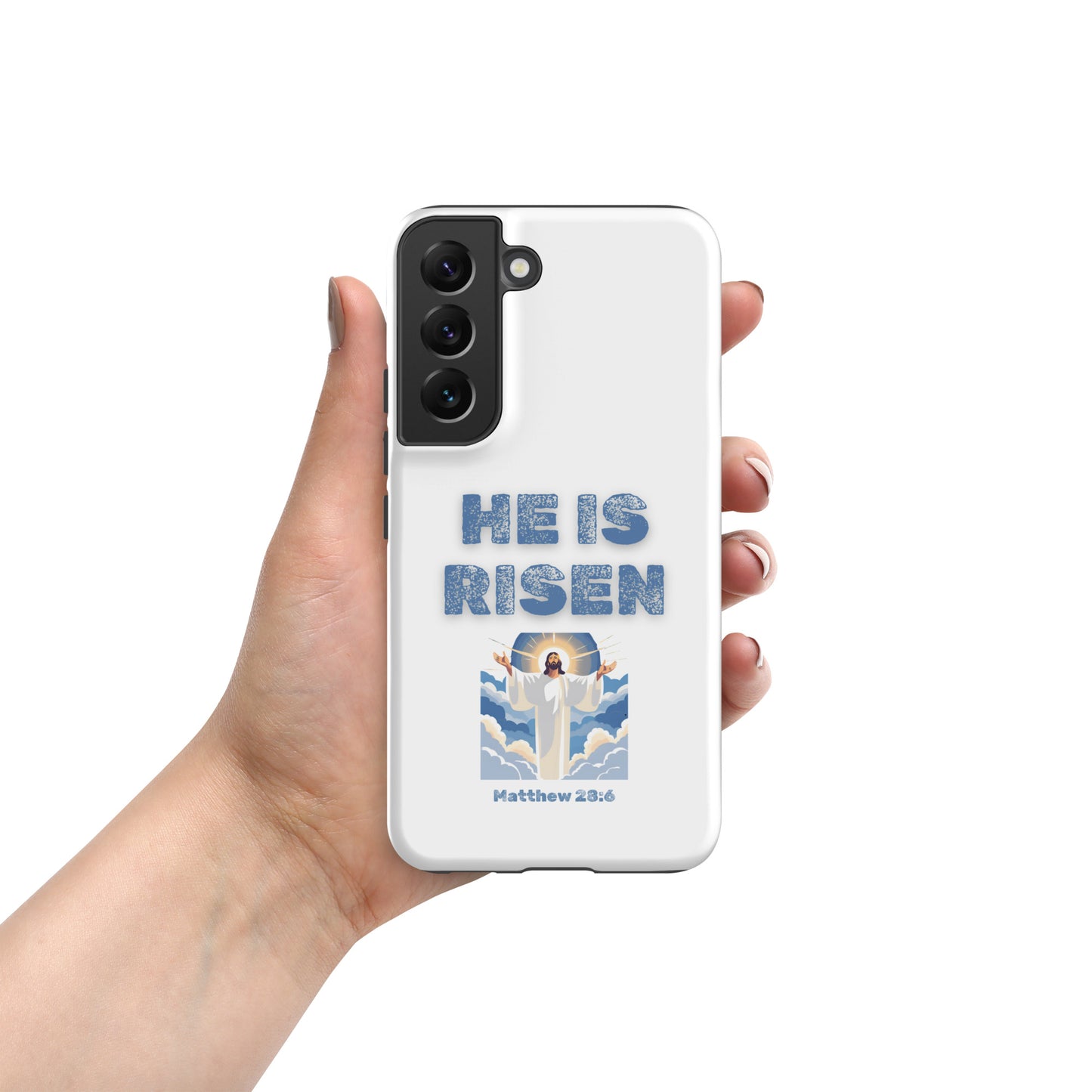 Tees of Worship phone case with He Is Risen text and Jesus resurrection illustration