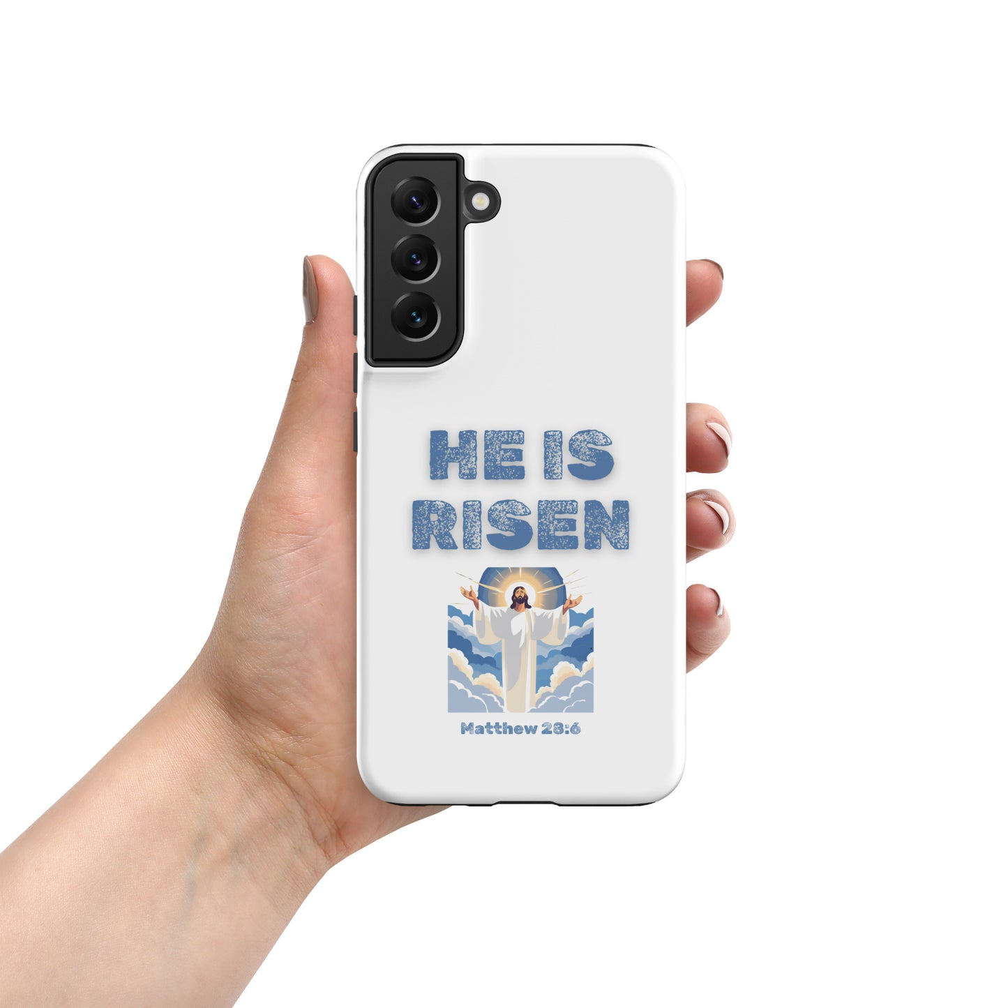 Tees of Worship phone case with He Is Risen text and Jesus illustration in blue and white