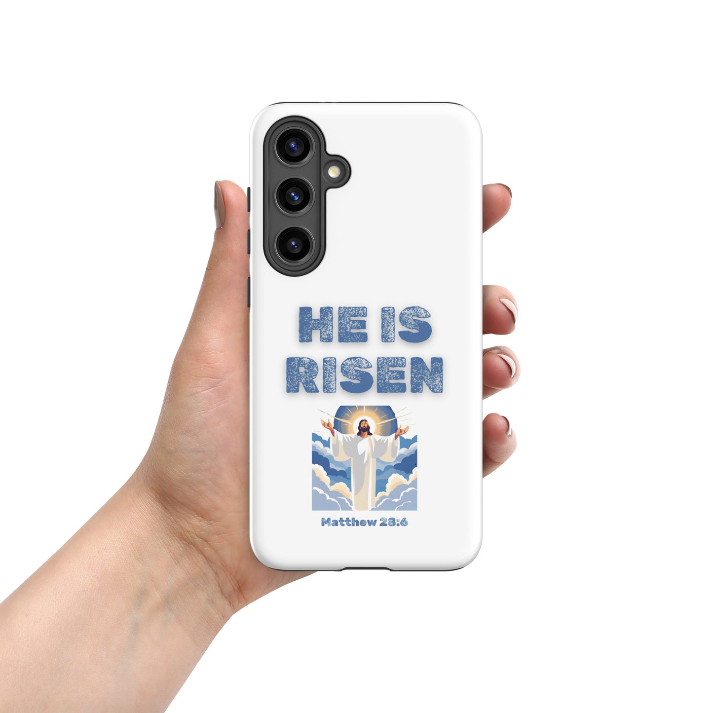 Tees of Worship phone case with He Is Risen text and resurrection design for Samsung phone