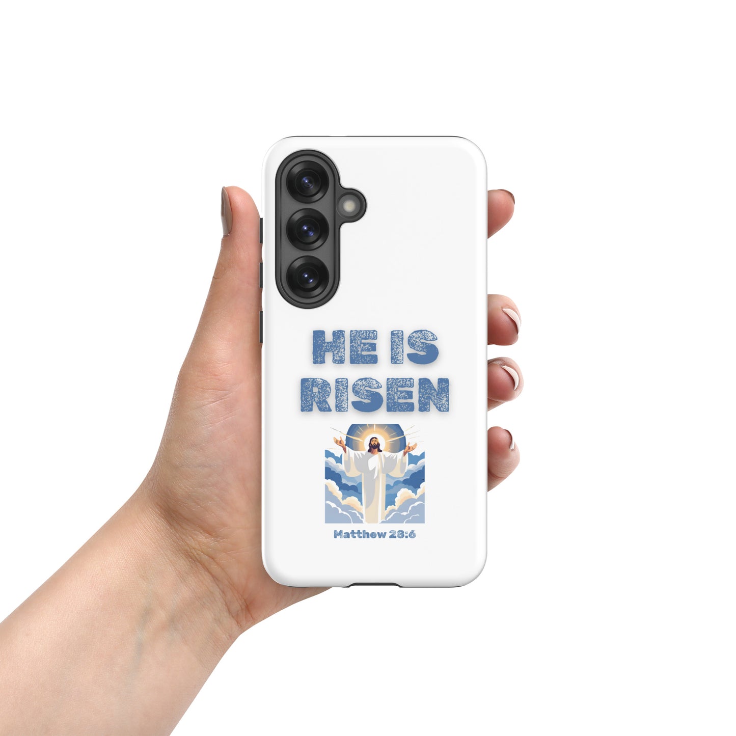 Tees of Worship white phone case with He Is Risen text and Jesus illustration Matthew 28 6