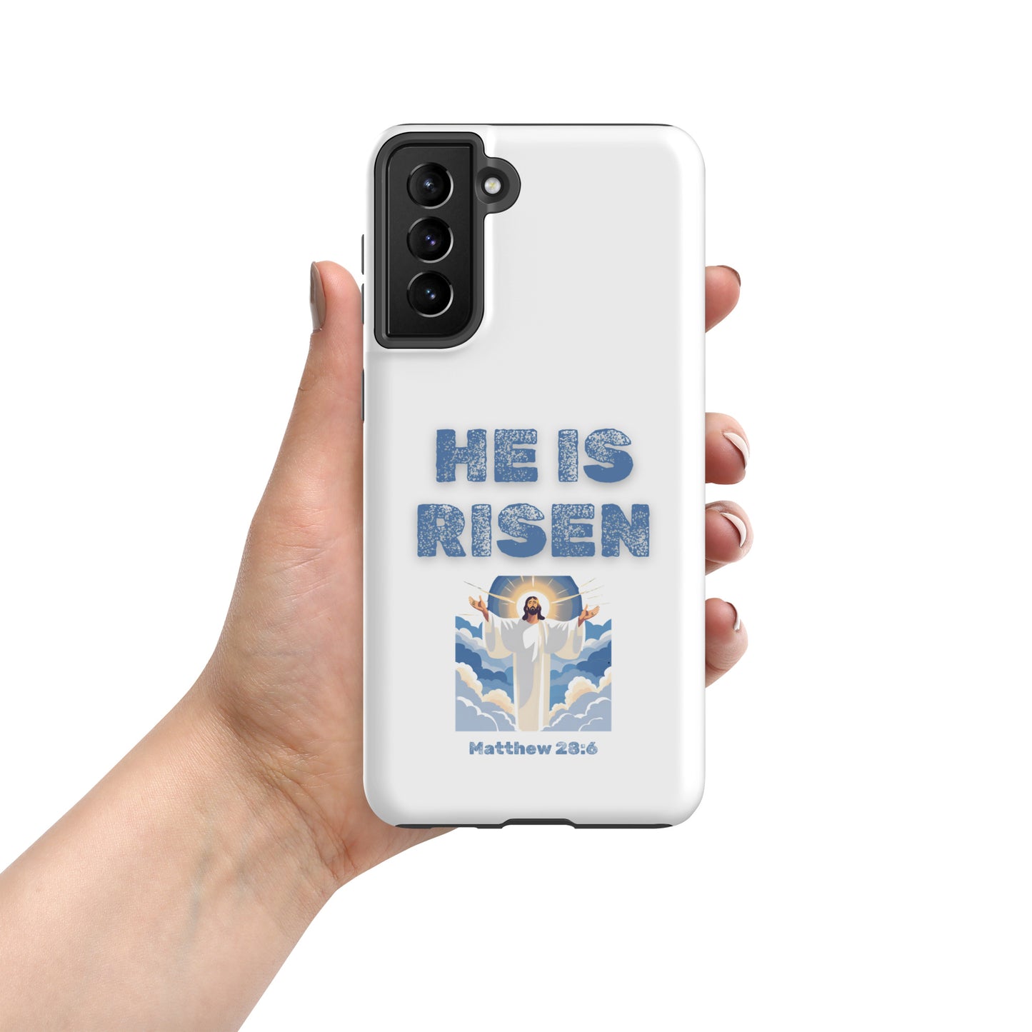 White phone case with He Is Risen text and Jesus illustration from Matthew 28:6 by Tees of Worship