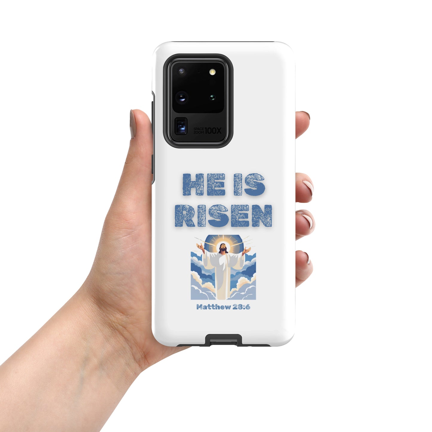 Tees of Worship white phone case with He Is Risen text and Jesus illustration from Matthew 28 6