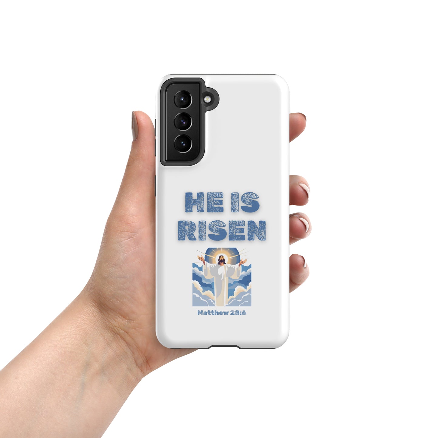 Tees of Worship phone case with He Is Risen text and Jesus illustration on white background