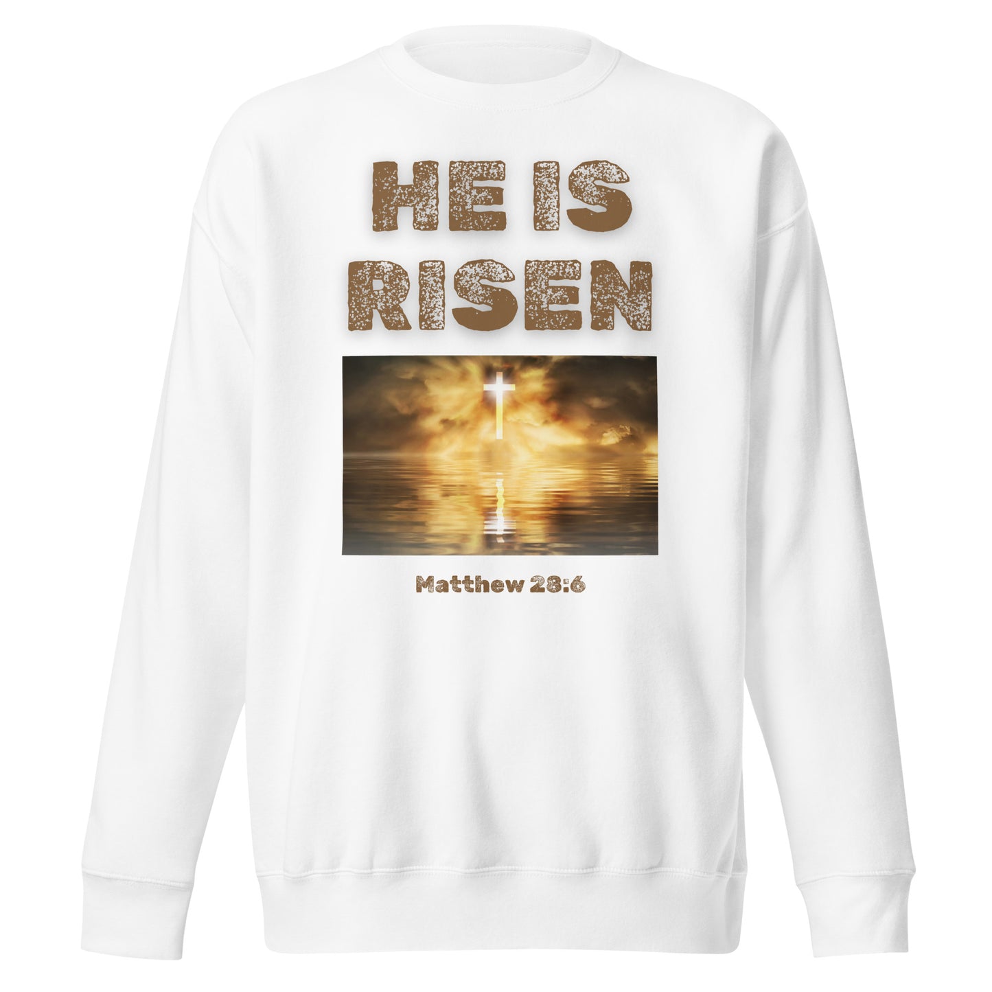 White sweatshirt from Tees of Worship with He Is Risen text and glowing cross design