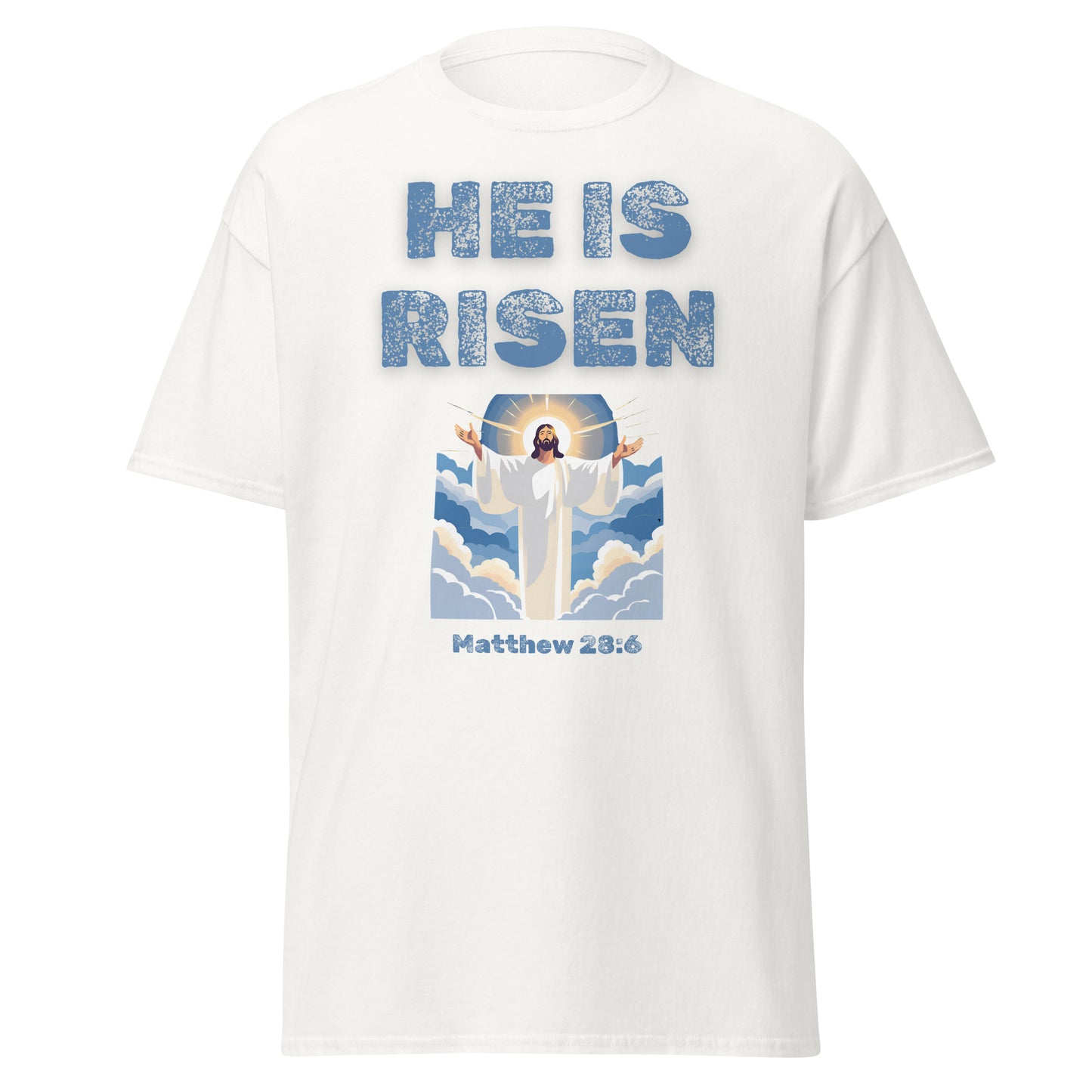 White Tees of Worship t-shirt with He Is Risen text and Jesus rising illustration