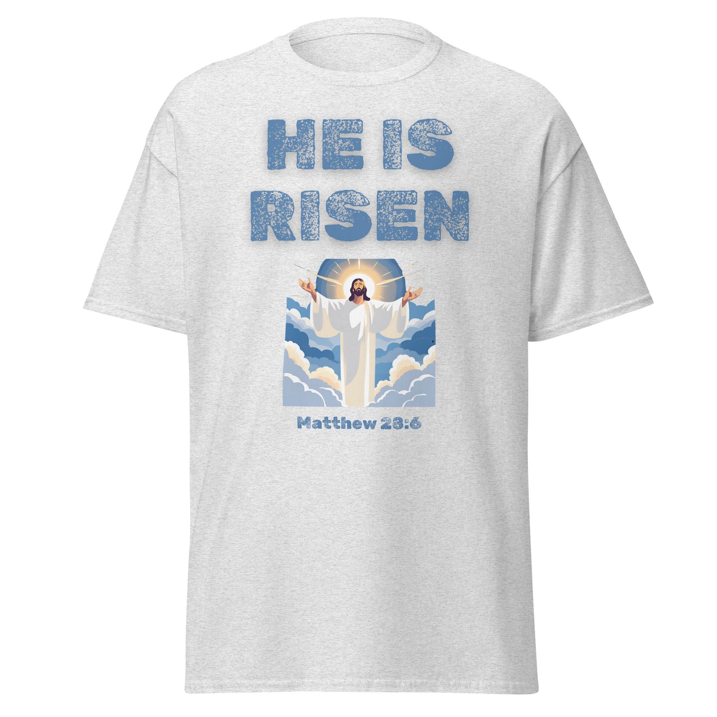 He Is Risen T-shirt by Tees of Worship with Jesus illustration and Bible verse Matthew 28:6