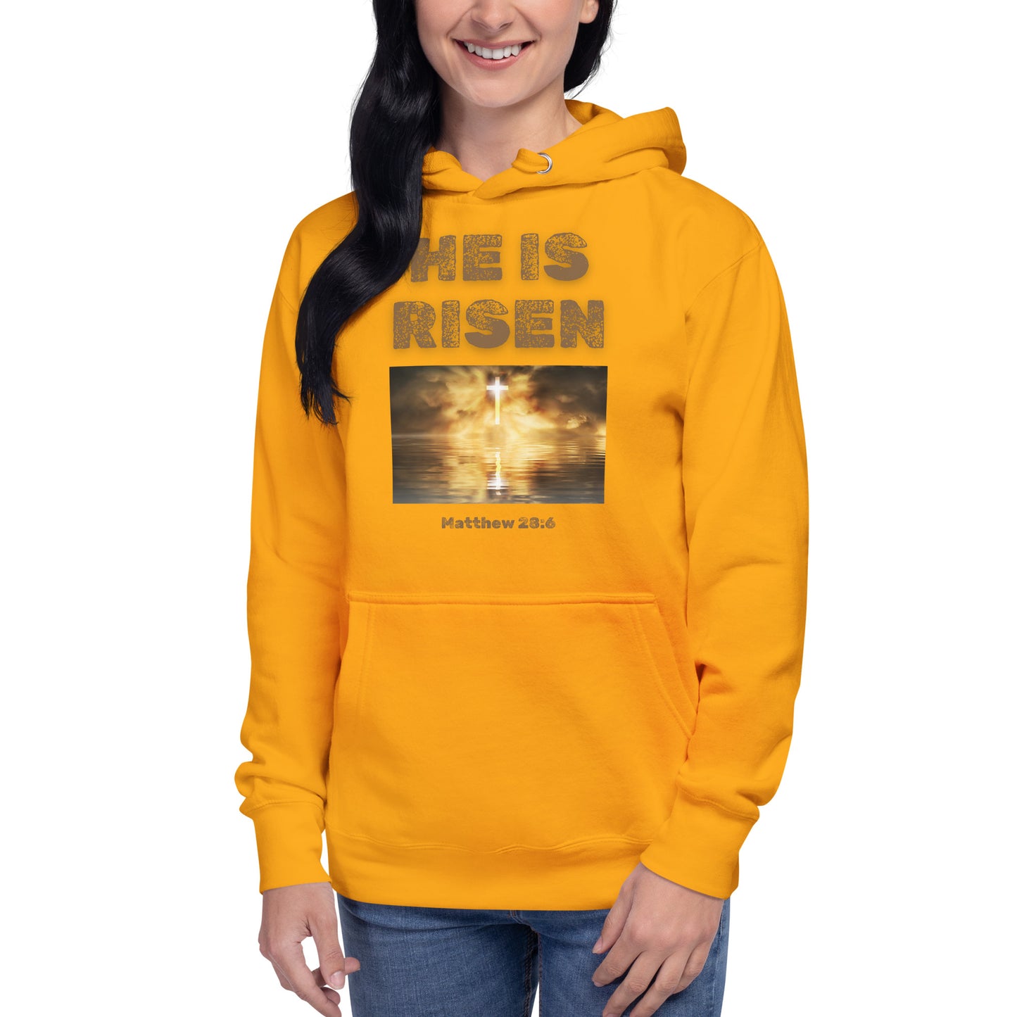 Tees of Worship He is Risen bright yellow hoodie with cross and Matthew 28:6 scripture design