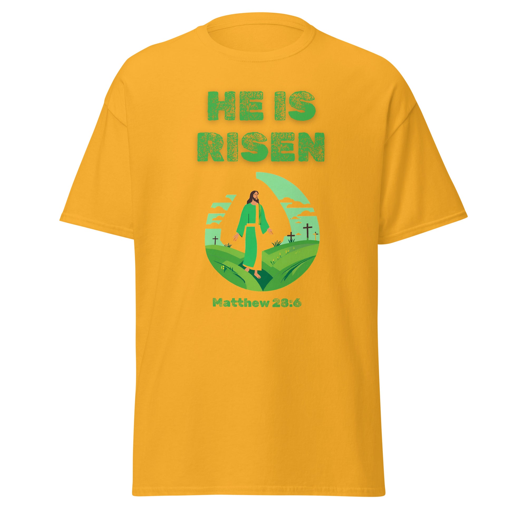 Yellow T-shirt from Tees of Worship with He Is Risen text and Jesus illustration with crosses