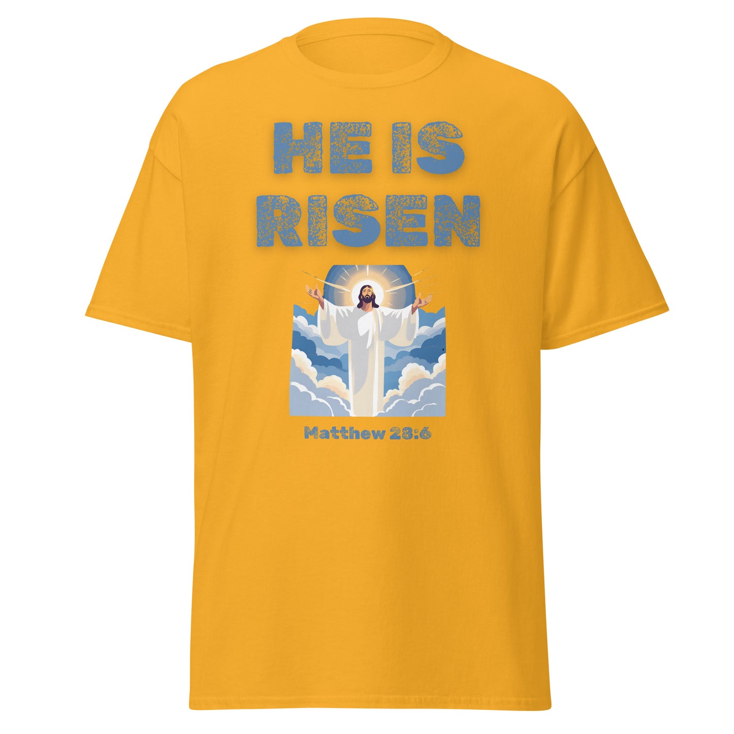 Yellow Tees of Worship t-shirt with He Is Risen text and Jesus illustration in clouds