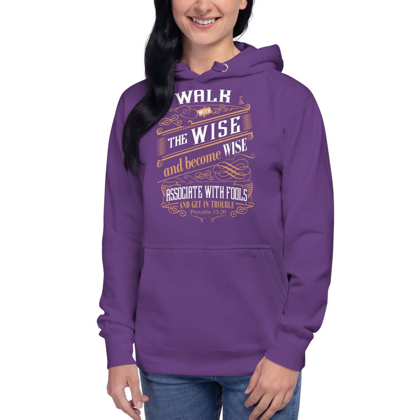 Purple hoodie from Tees of Worship with inspirational quote Walk with the wise and become wise