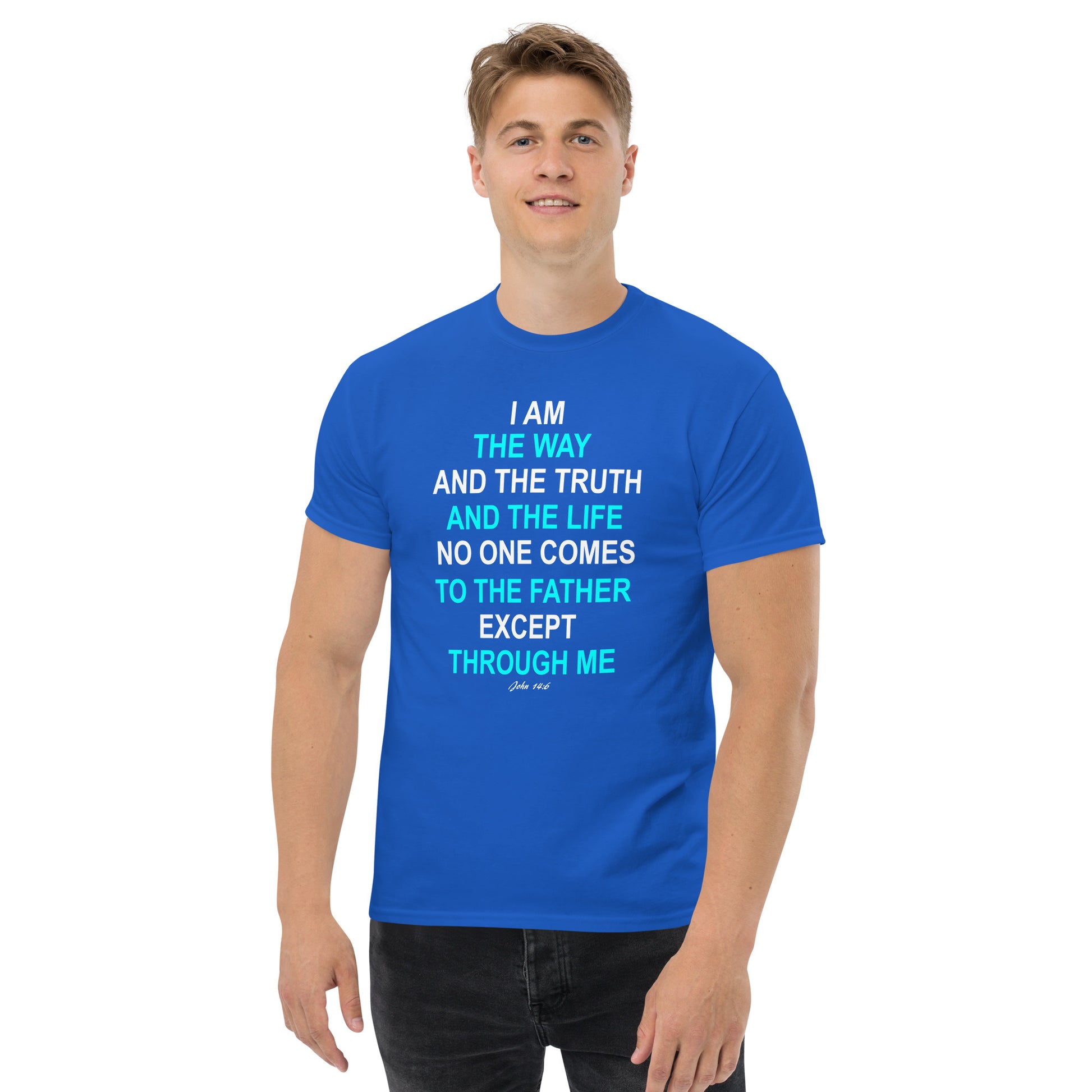Blue I am the way T-shirt from Tees of Worship with faith-based inspirational text design