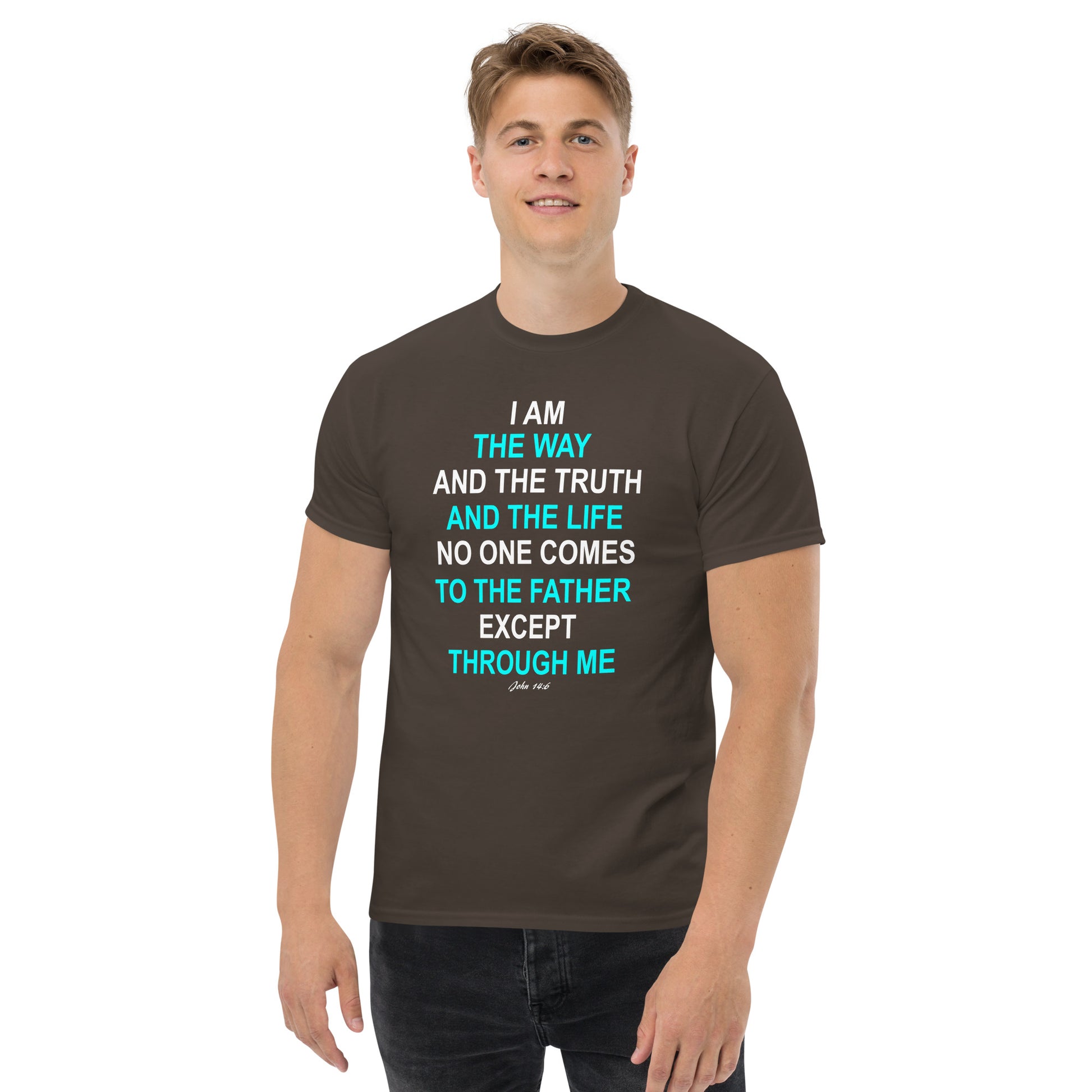 Tees of Worship brown T-Shirt with I am the way Bible verse text design worn by a male model