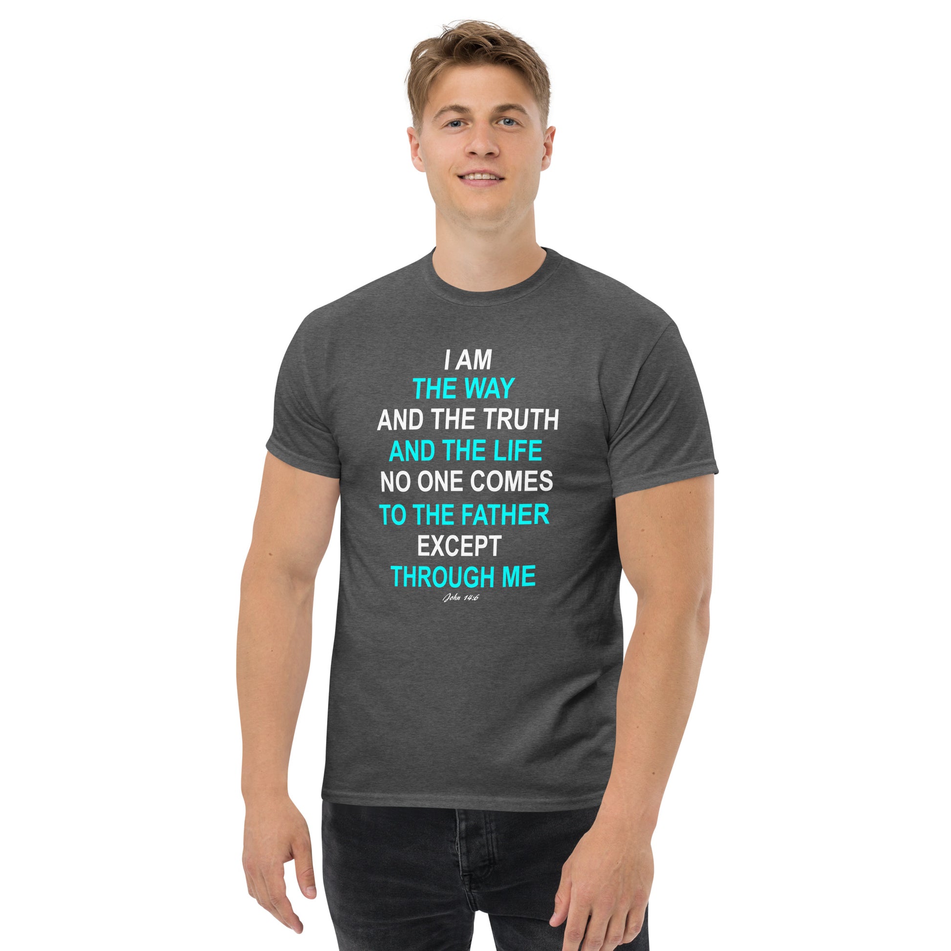 Tees of Worship charcoal t-shirt with I am the way Bible verse text worn by male model