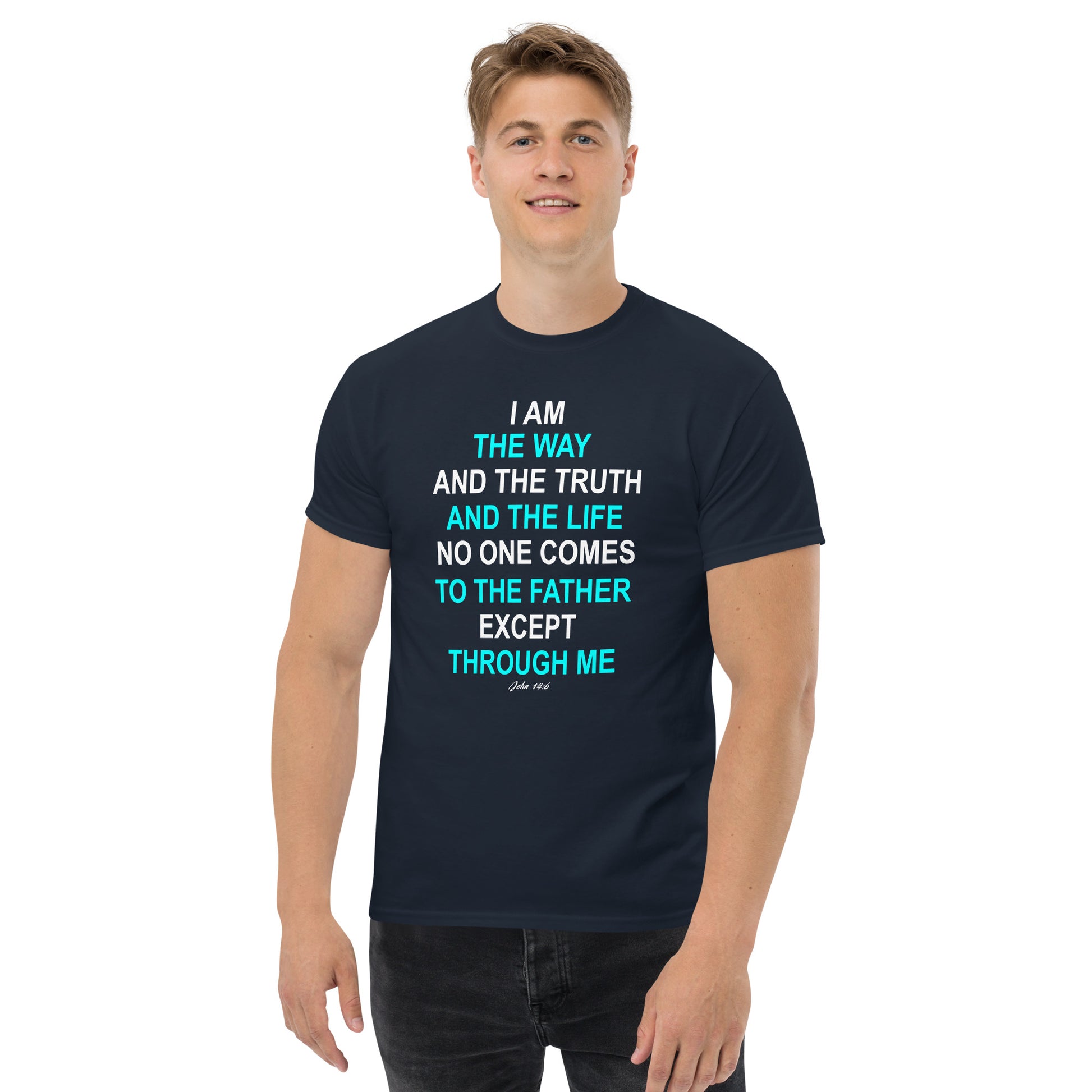 Tees of Worship black t-shirt with I am the way religious quote printed in white and blue text