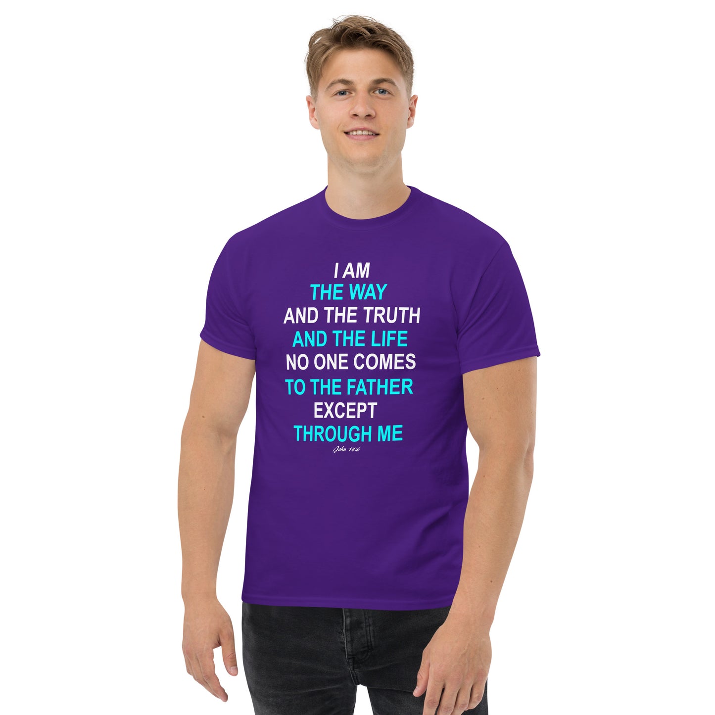 Tees of Worship purple T-Shirt with I am the way religious quote printed on front
