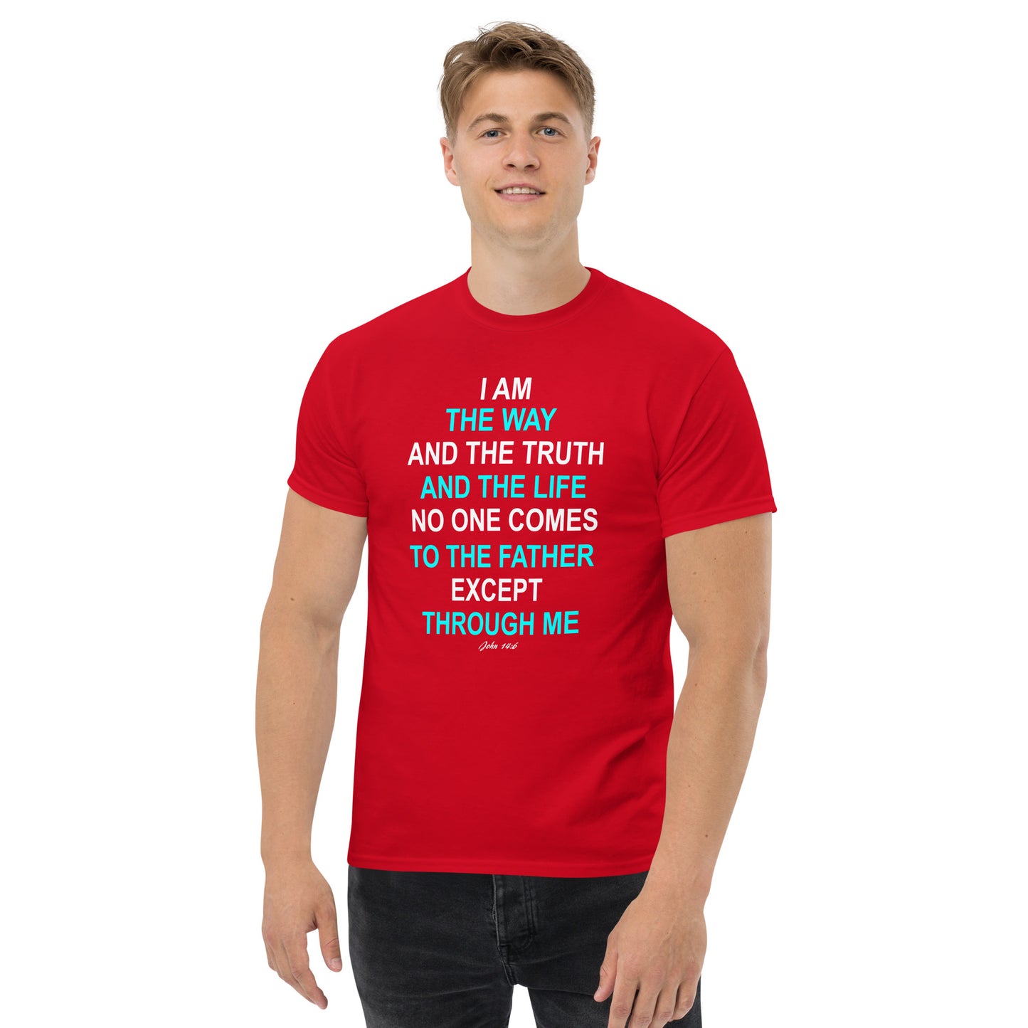 Red Tees of Worship t-shirt with I am the way Bible verse in white and blue text