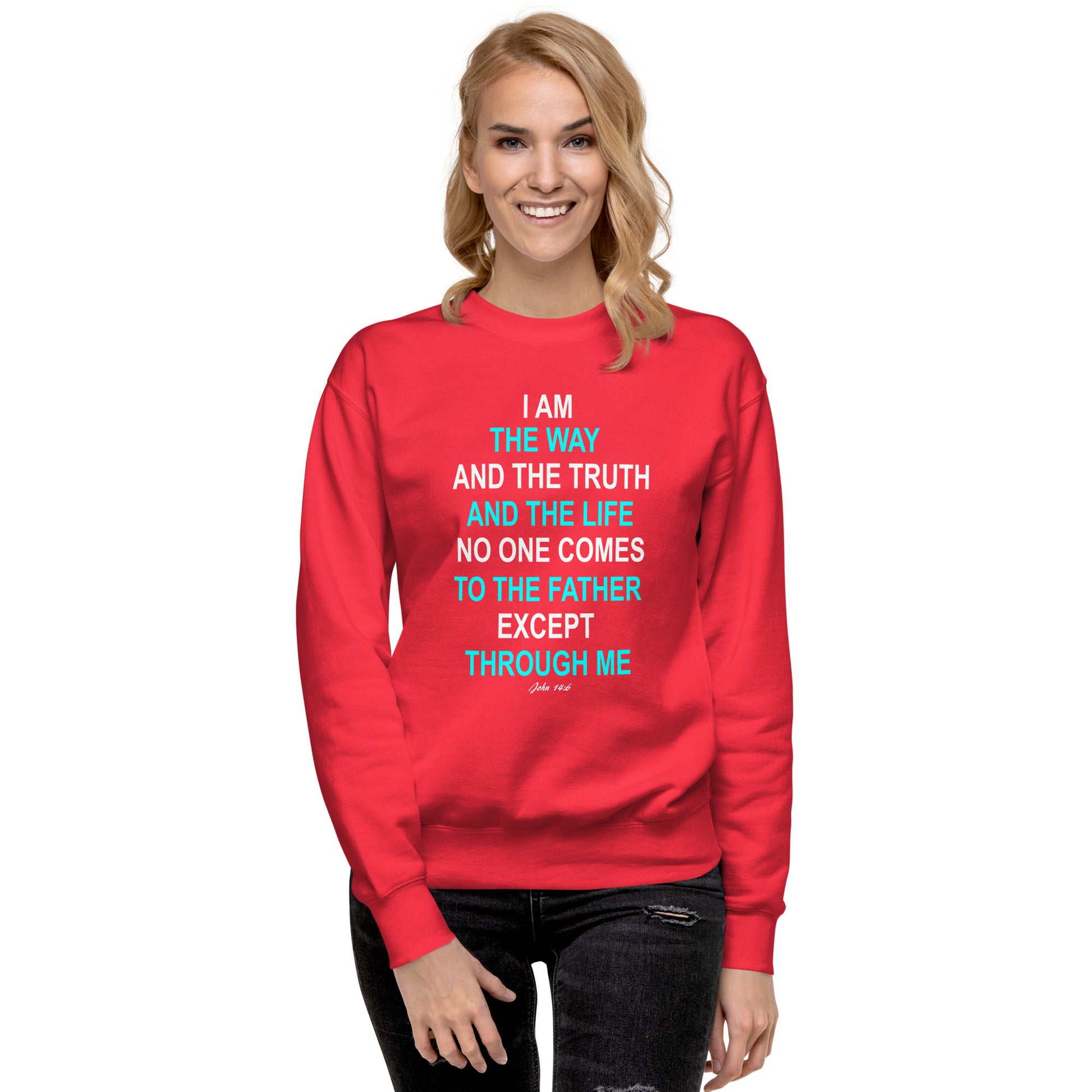 Red sweatshirt by Tees of Worship with I am the way religious text design worn by smiling woman