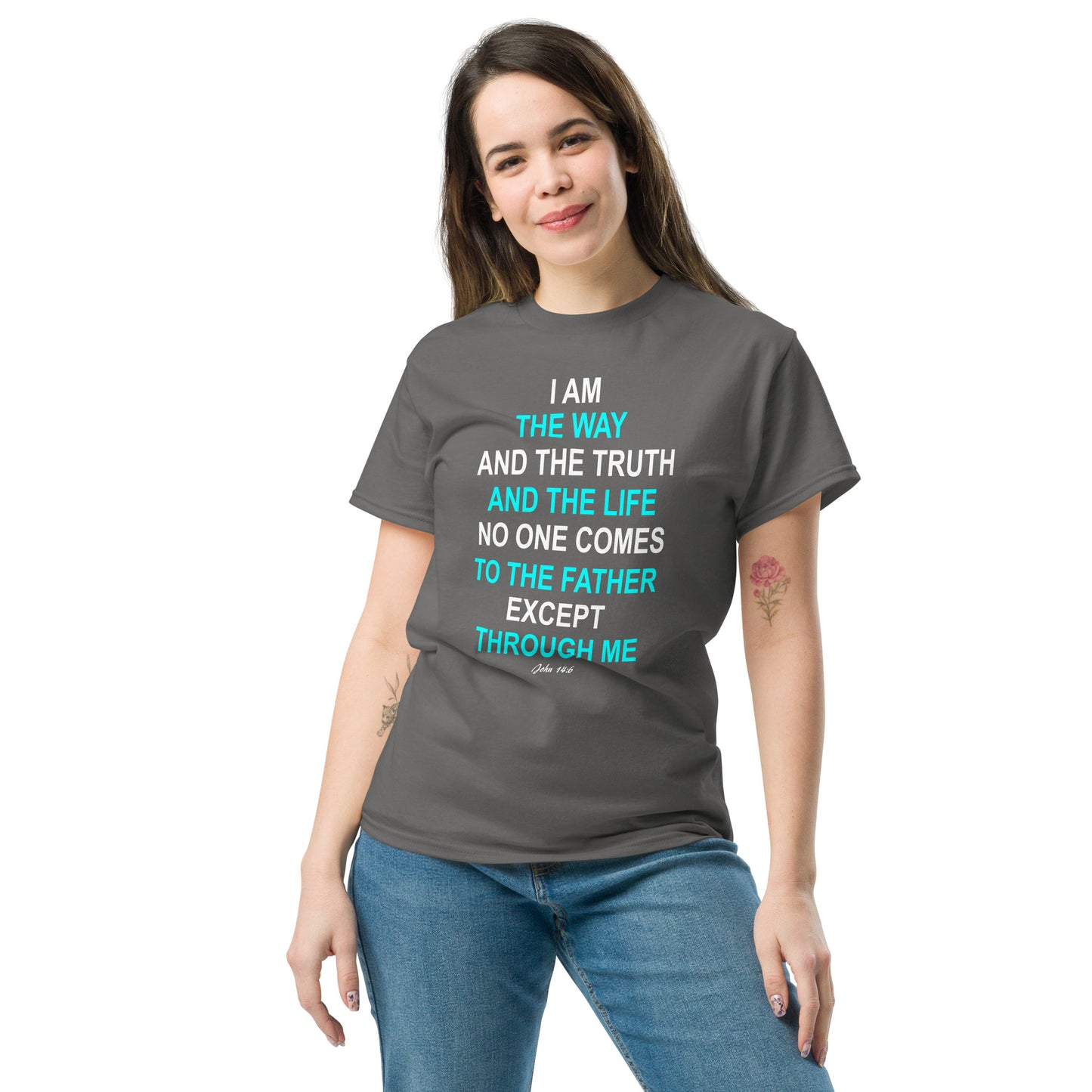 Gray Tees of Worship t-shirt with I am the way religious text worn by smiling woman