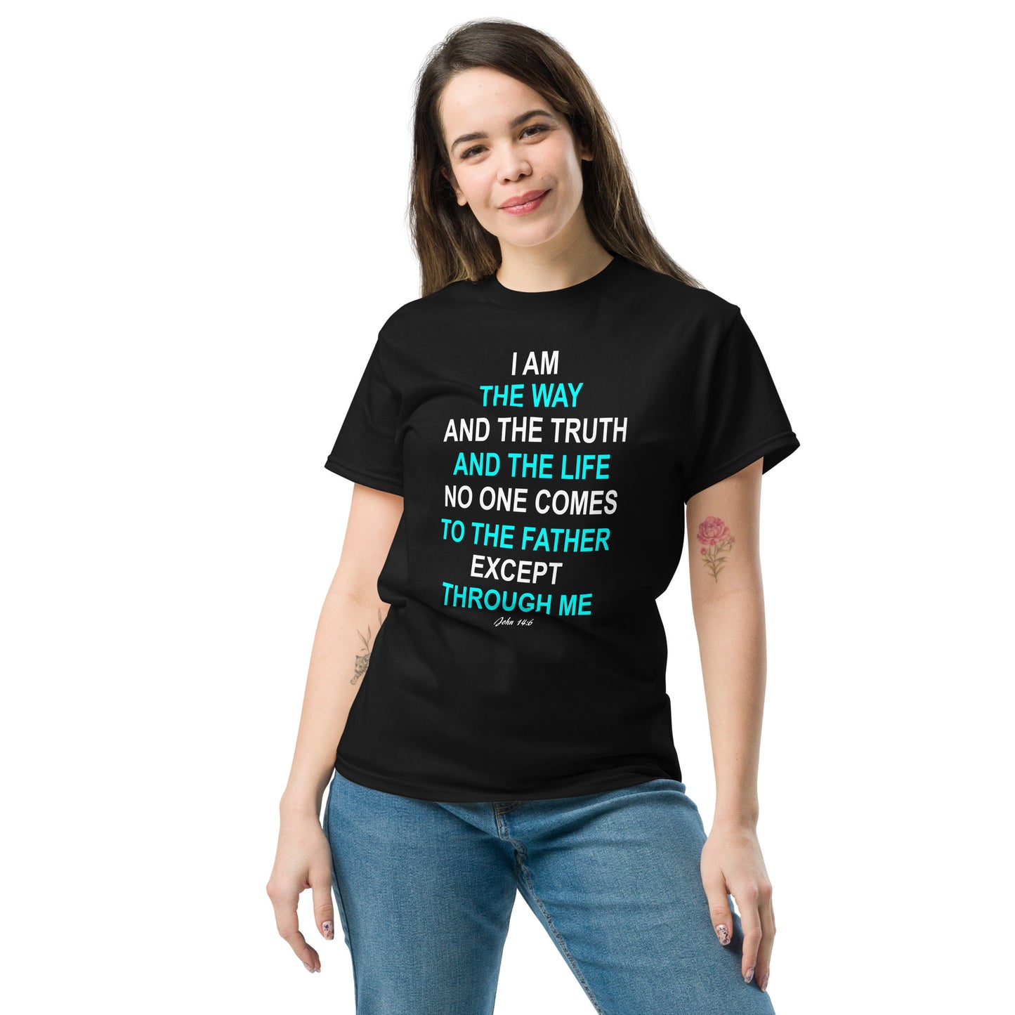 Black Tees of Worship t-shirt with I am the way religious text design worn by woman
