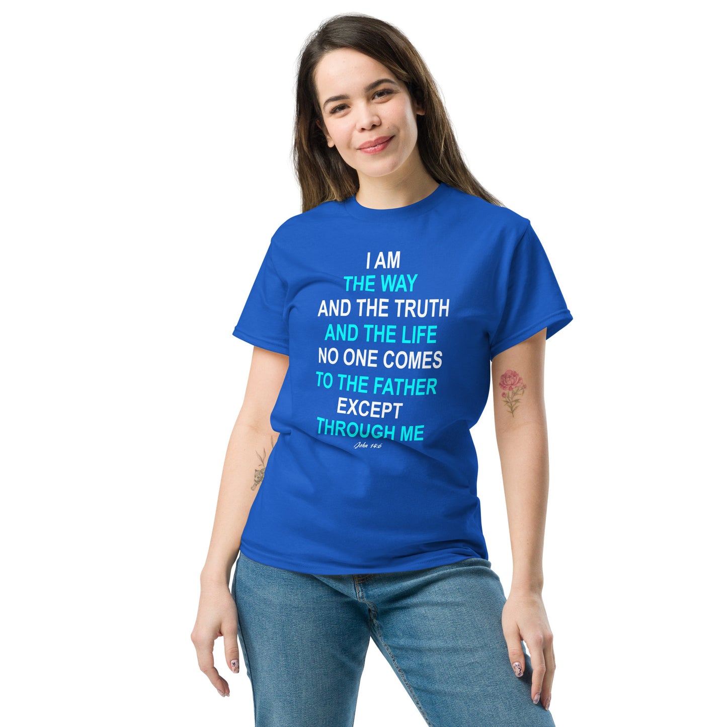 Blue I am the way graphic t-shirt by Tees of Worship worn by woman with jeans