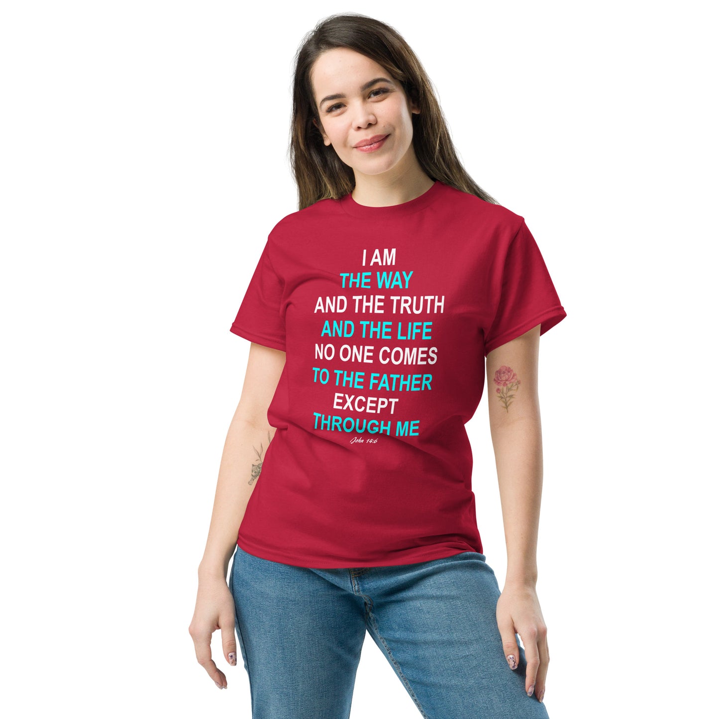 Woman wearing a red I am the way inspirational T-Shirt from Tees of Worship with faith-based text