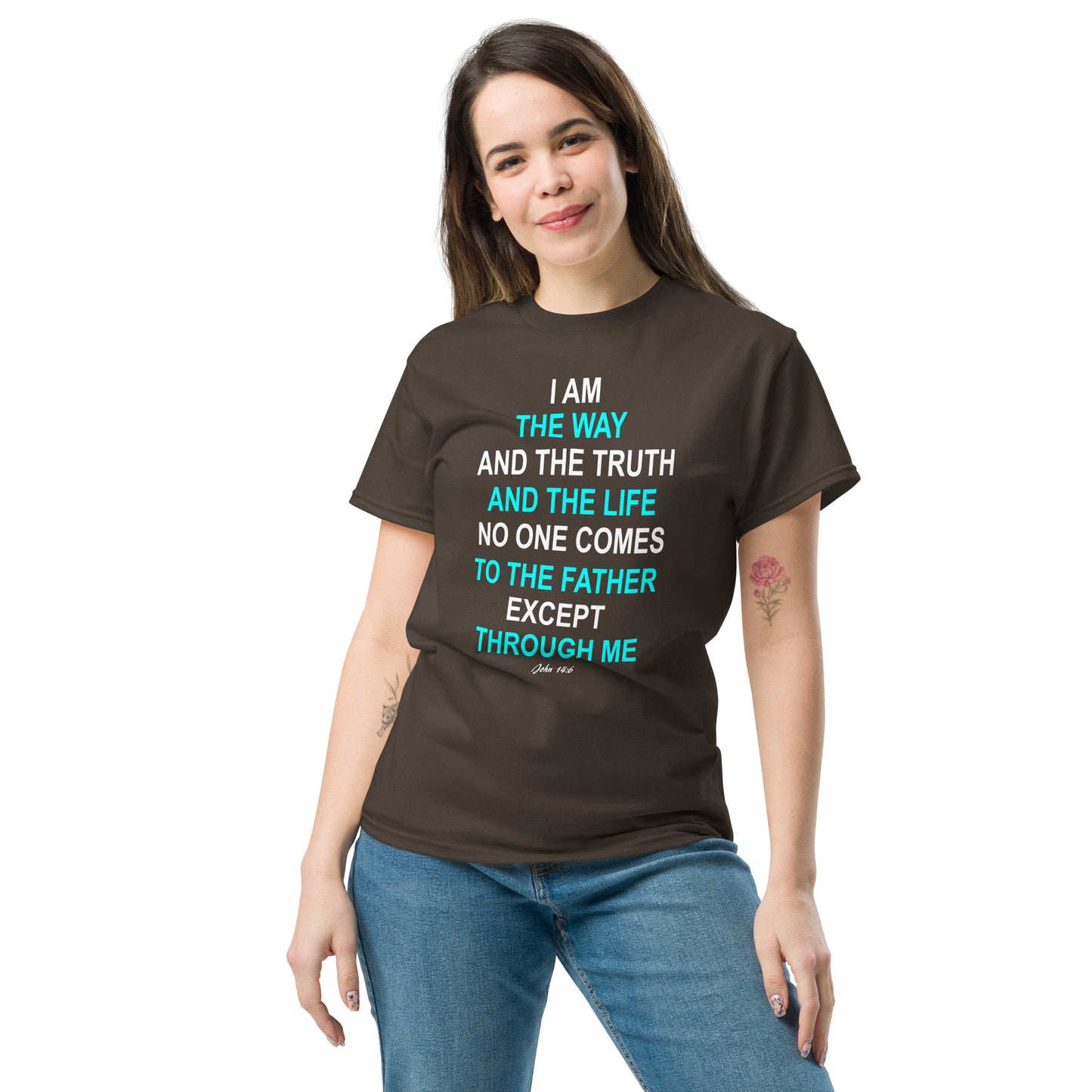 Tees of Worship black t-shirt with I am the way religious text worn by woman smiling