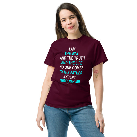 Maroon T-shirt from Tees of Worship with I am the way religious quote in blue and white text