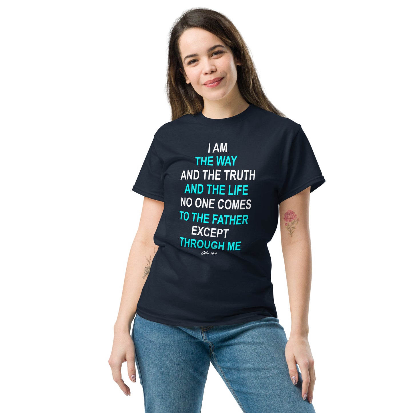 Tees of Worship black t-shirt with I am the way scripture text worn by woman