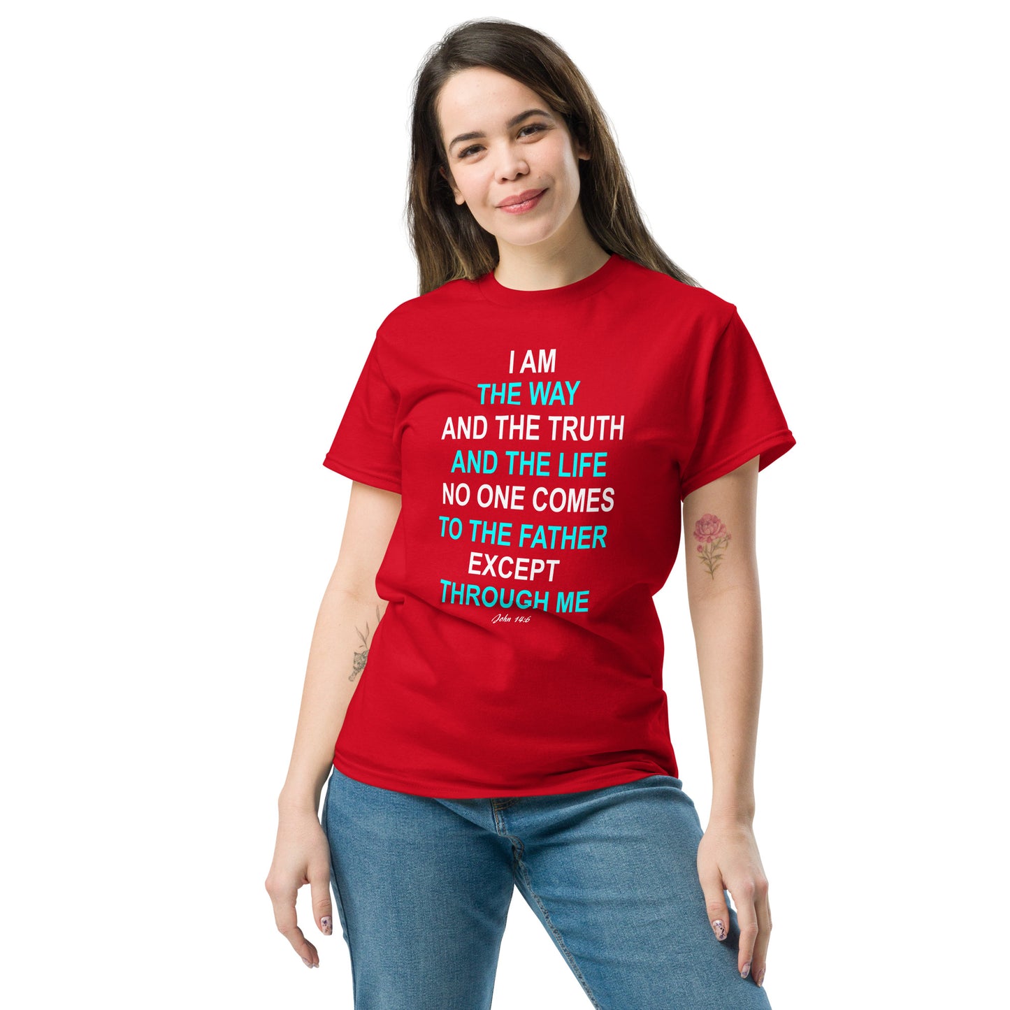 Red Tees of Worship T-shirt with I am the way faith quote worn by smiling woman