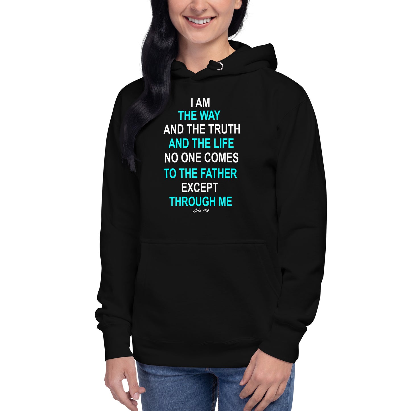 Black hoodie by Tees of Worship featuring I am the way religious text in blue and white font
