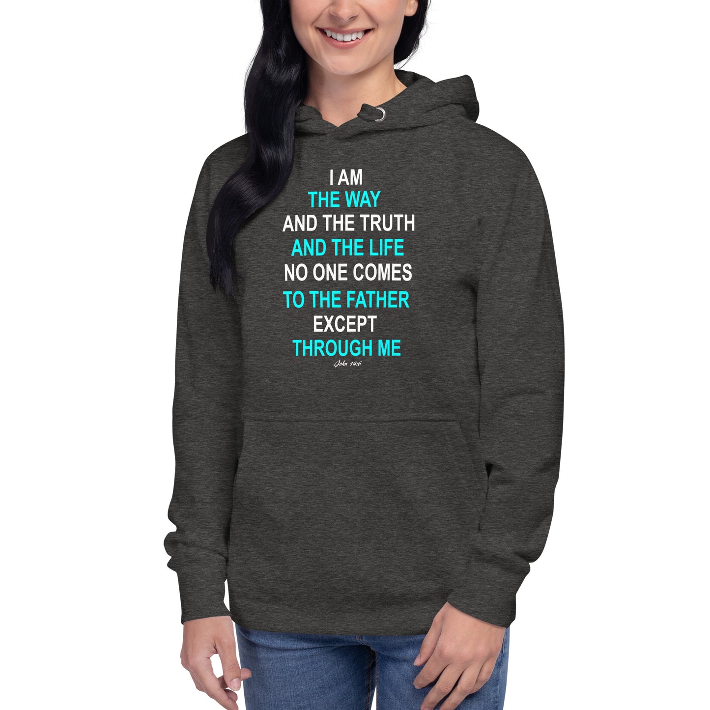 Tees of Worship dark gray hoodie with I am the way inspirational Bible verse printed in white and blue