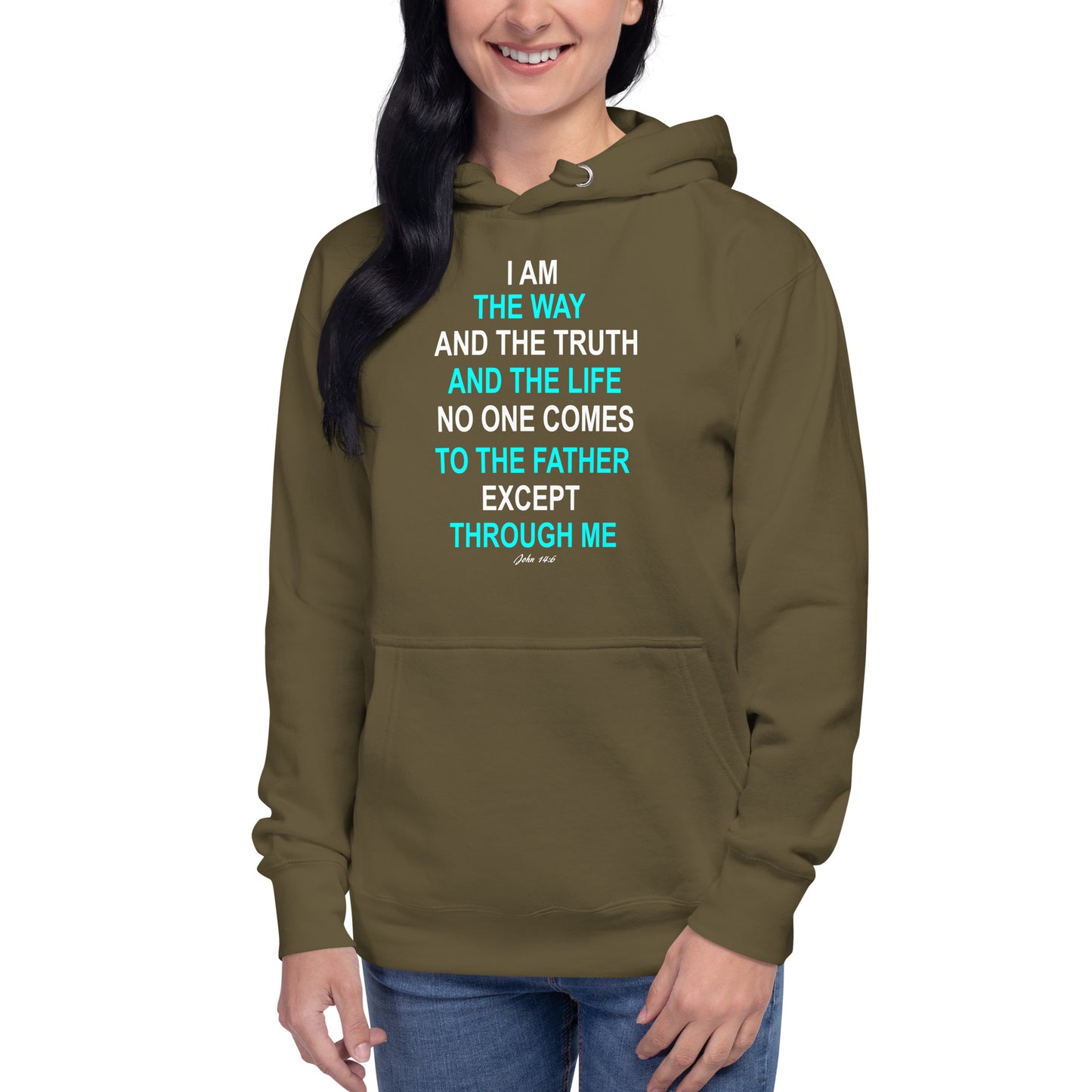 Olive green hoodie from Tees of Worship with I am the way inspirational Bible verse lettering