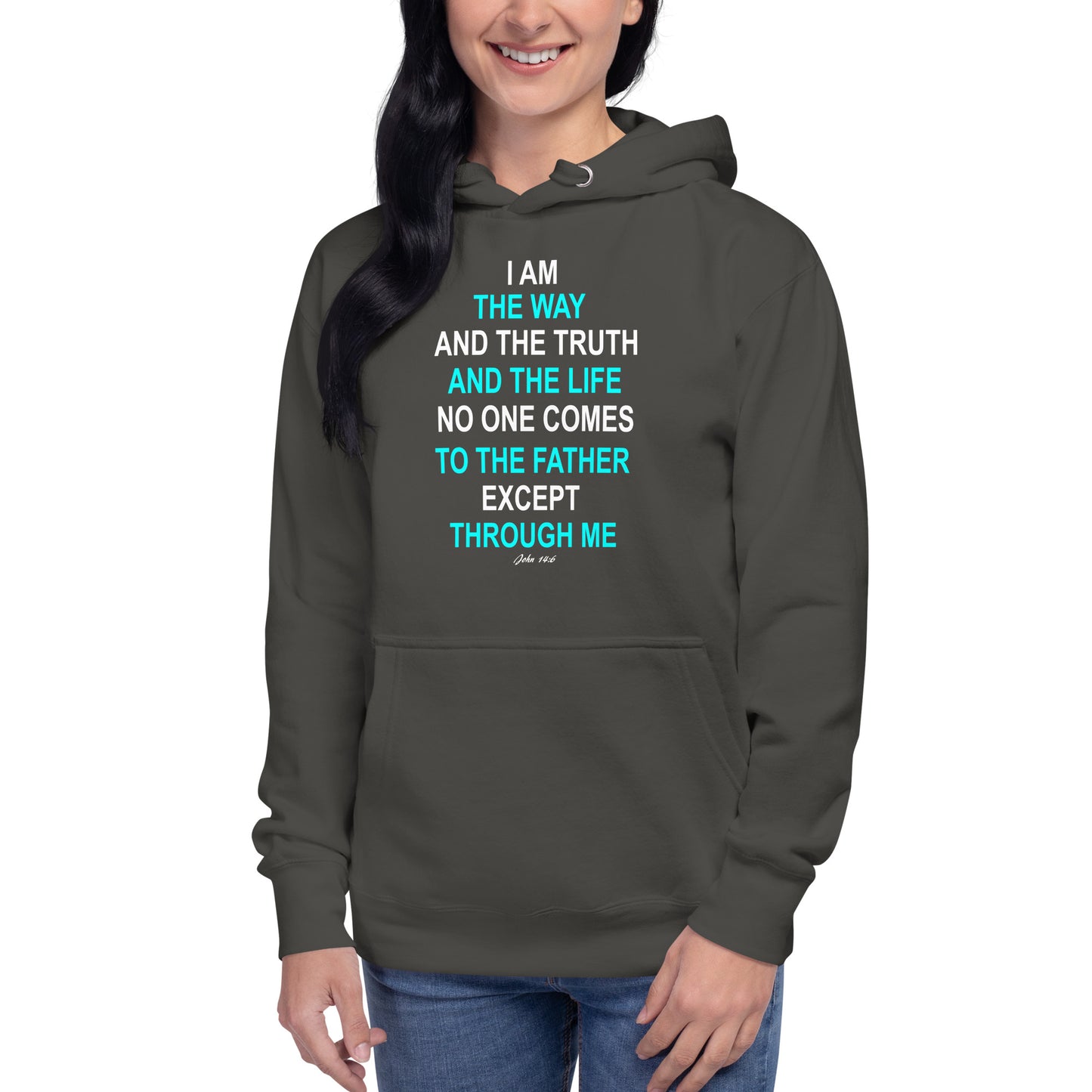 Tees of Worship dark gray hoodie with I am the way inspirational quote in white and blue text