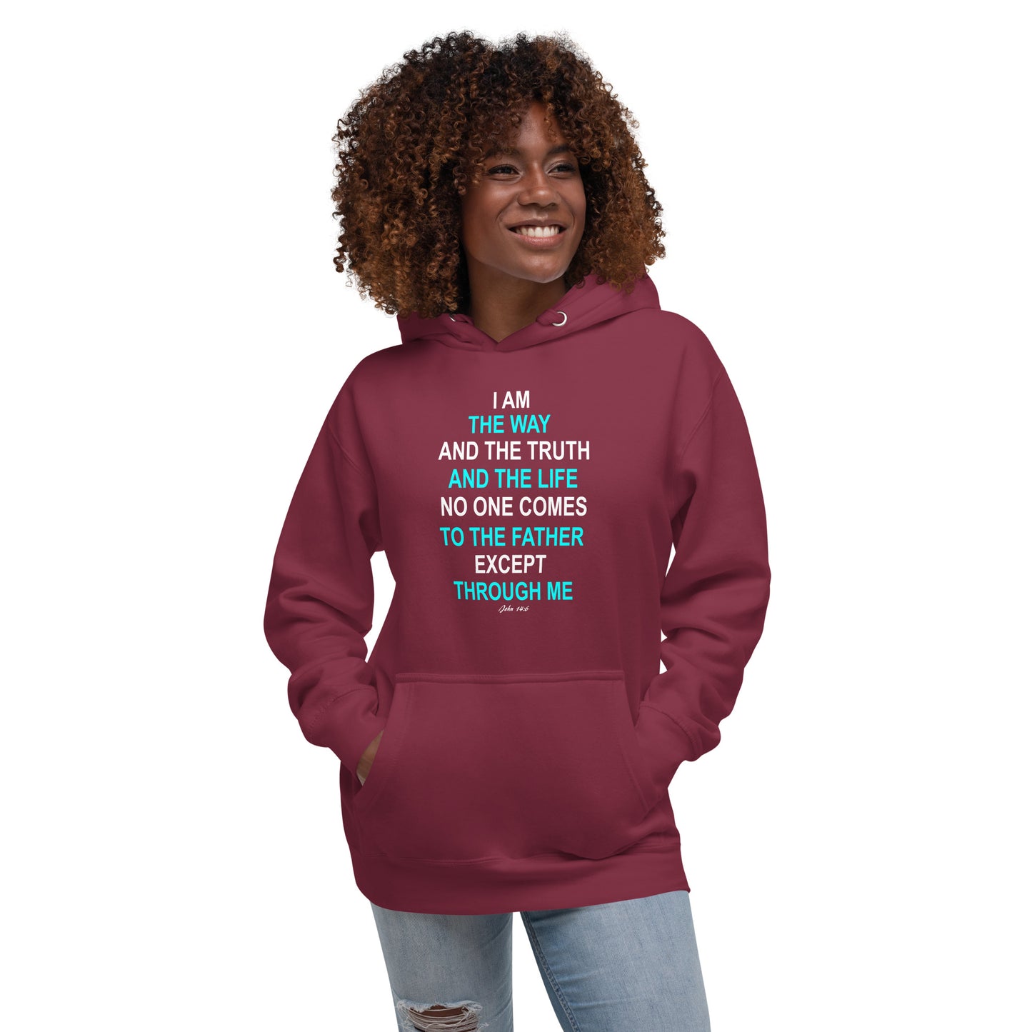 Woman wearing maroon hoodie from Tees of Worship with I am the way Bible verse text design