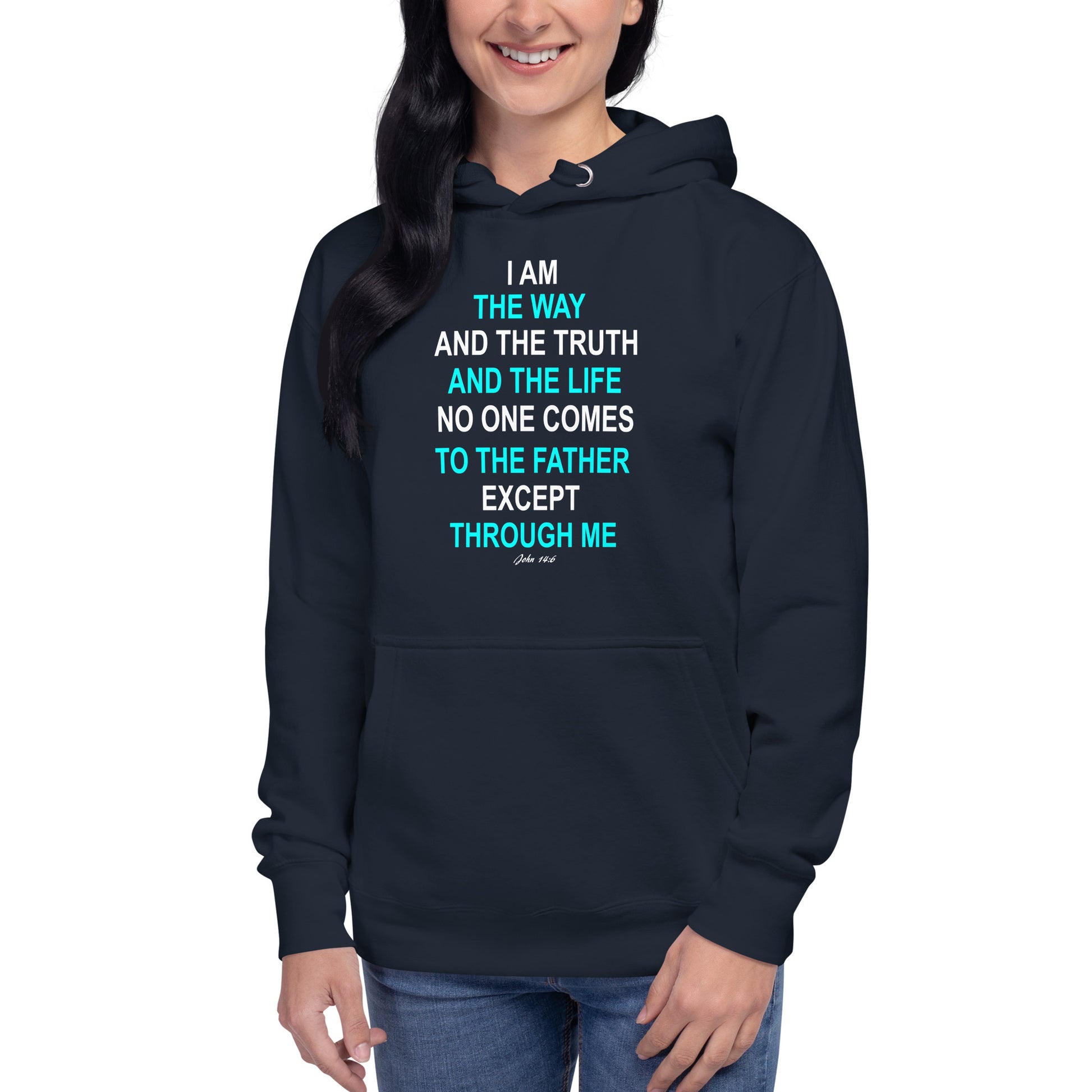Navy blue hoodie from Tees of Worship featuring I am the way inspirational religious text in white and blue