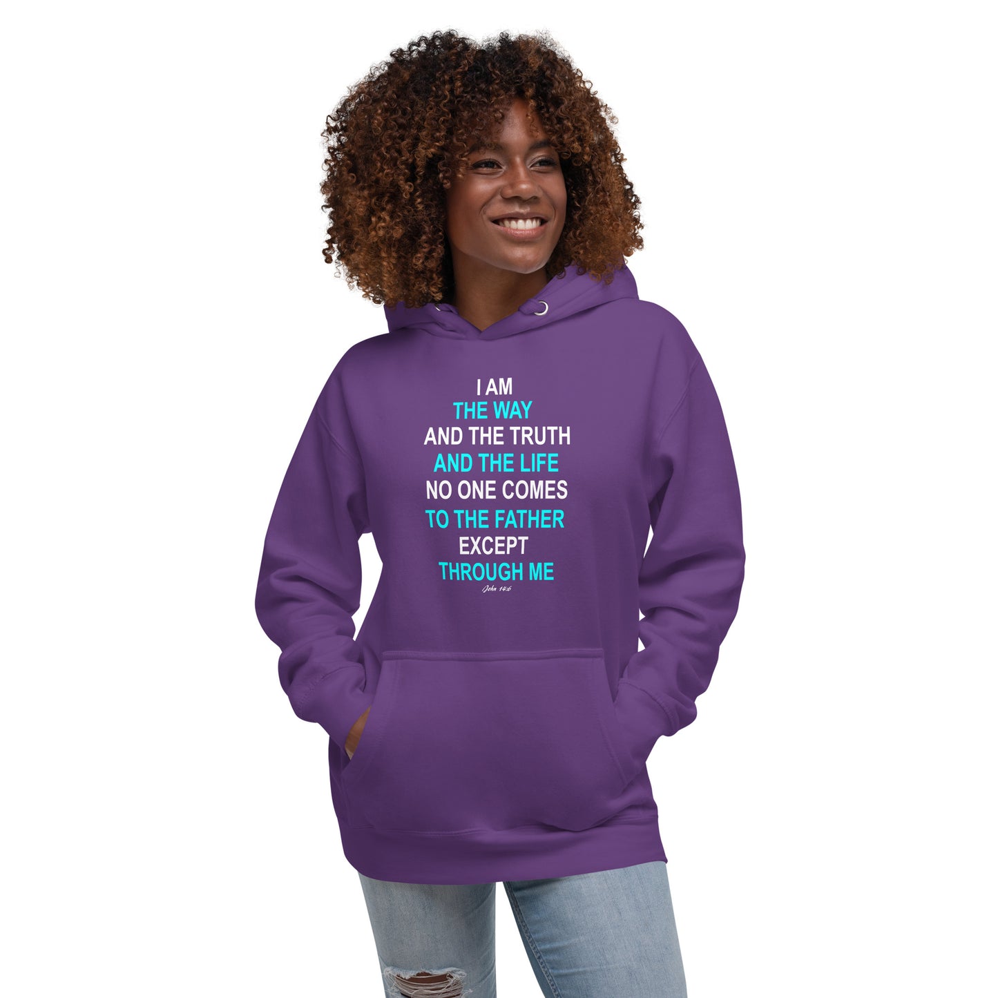 Purple hoodie from Tees of Worship with I am the way inspirational religious text printed on front