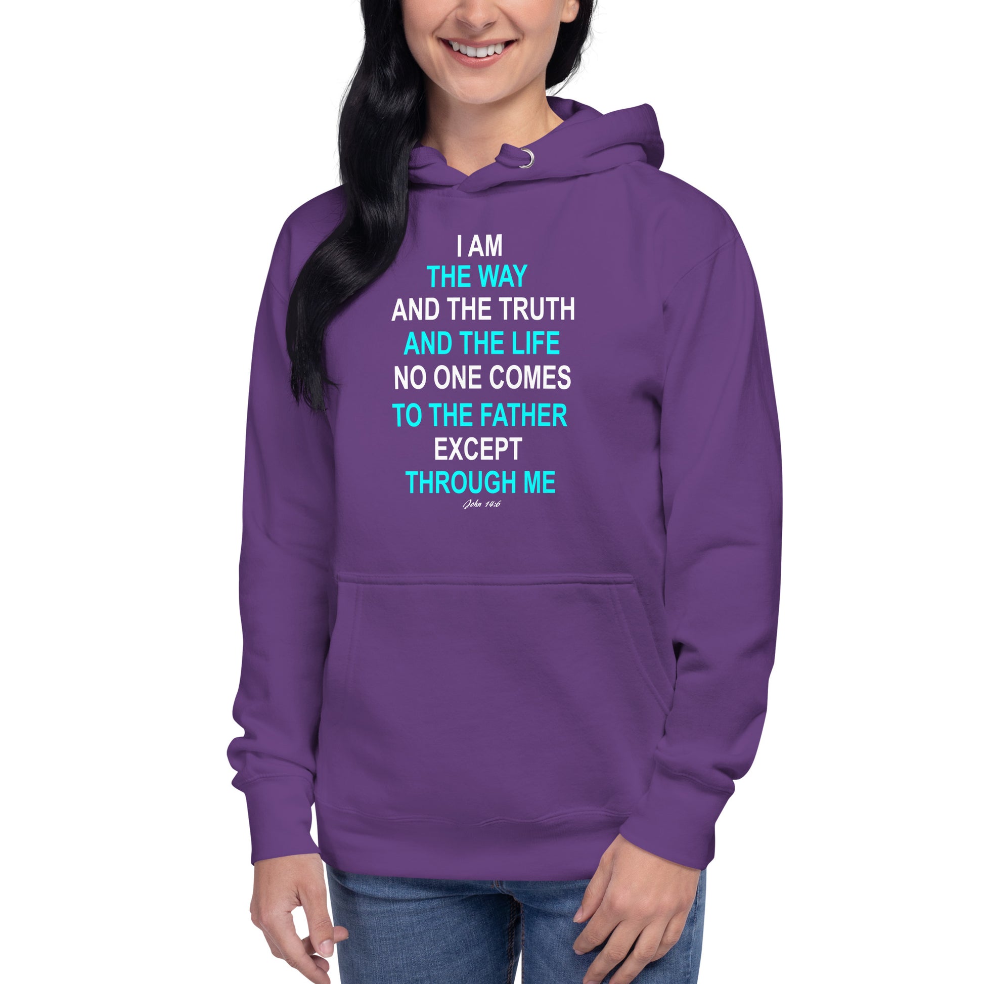 Purple hoodie from Tees of Worship with I am the way scripture text in blue and white